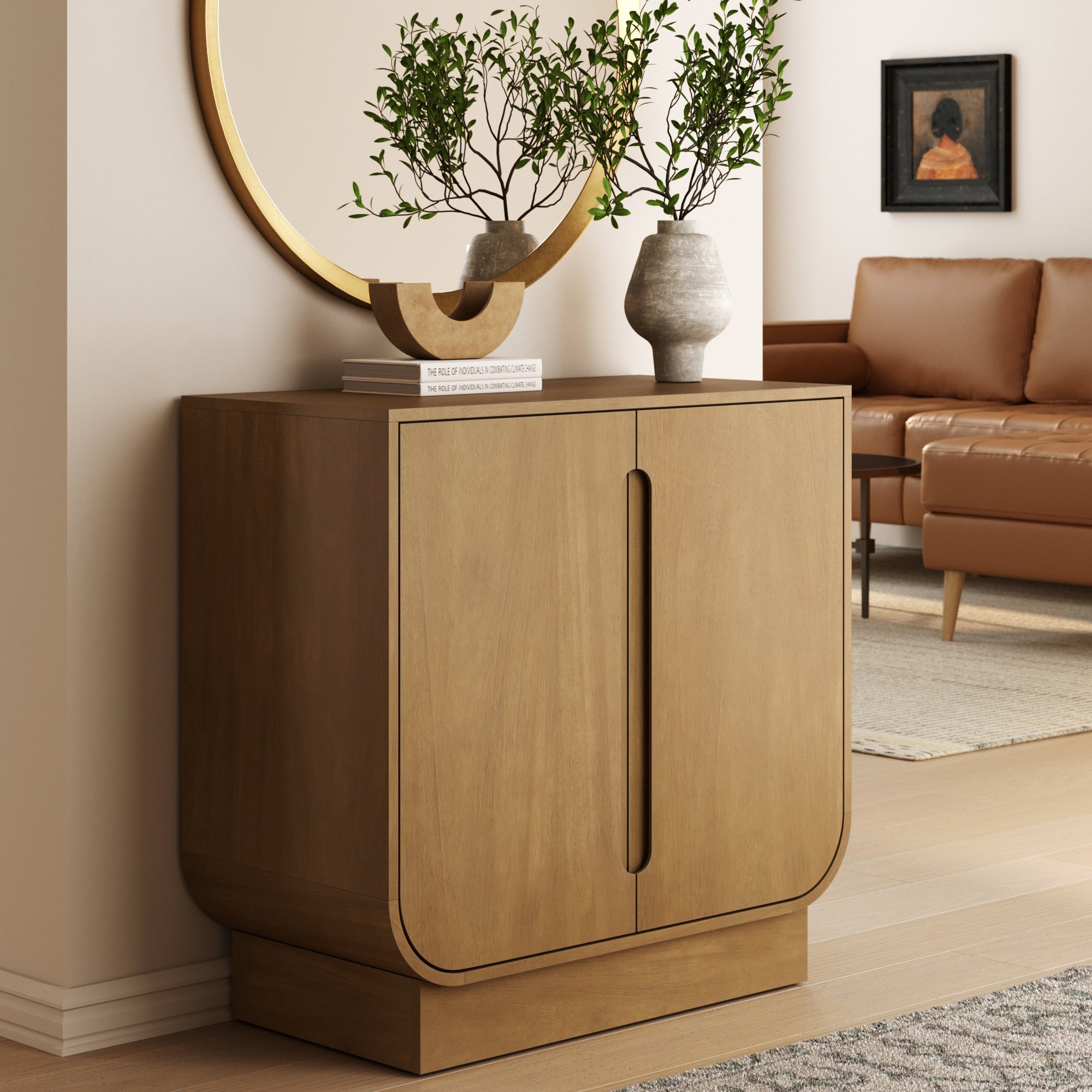 Wood Veneer Arched Accent Cabinet