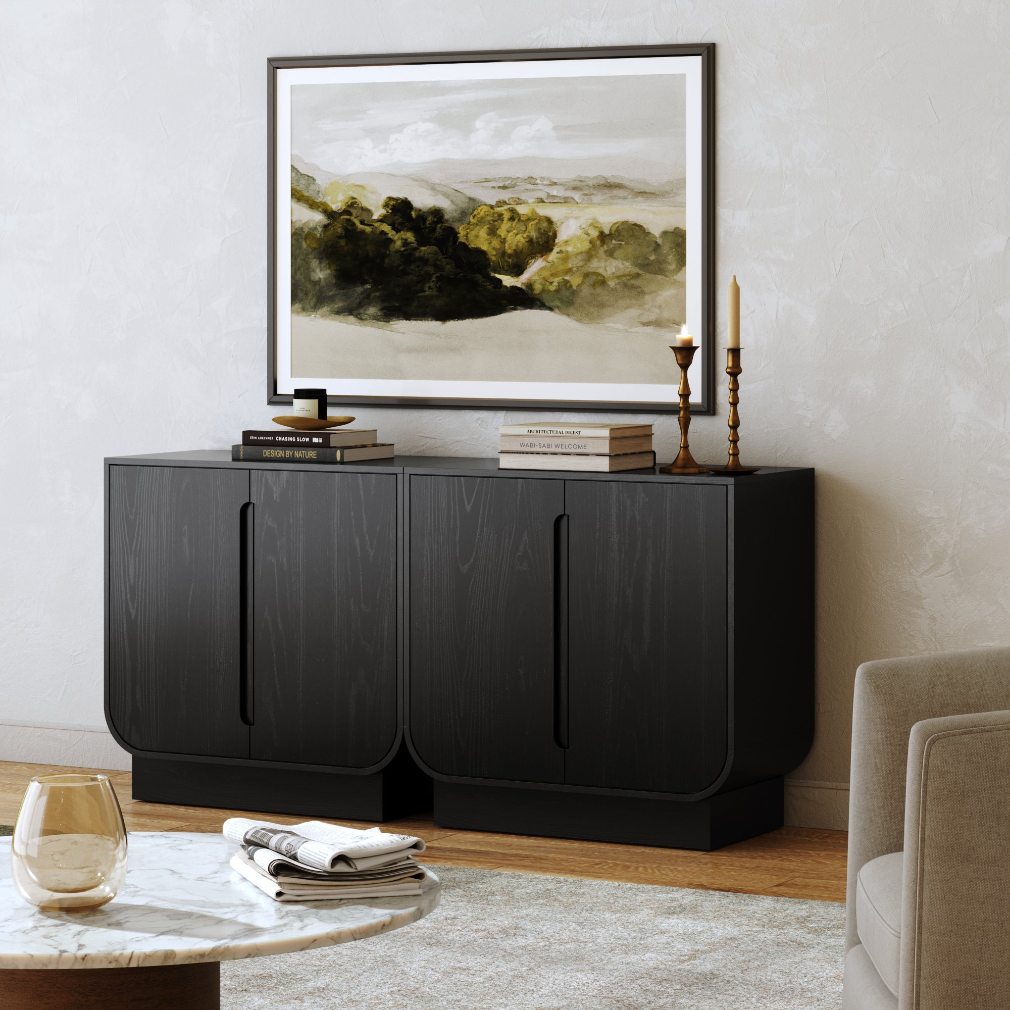 Wooden Arched TV Console Stand Black Oak for TVs up to 65"