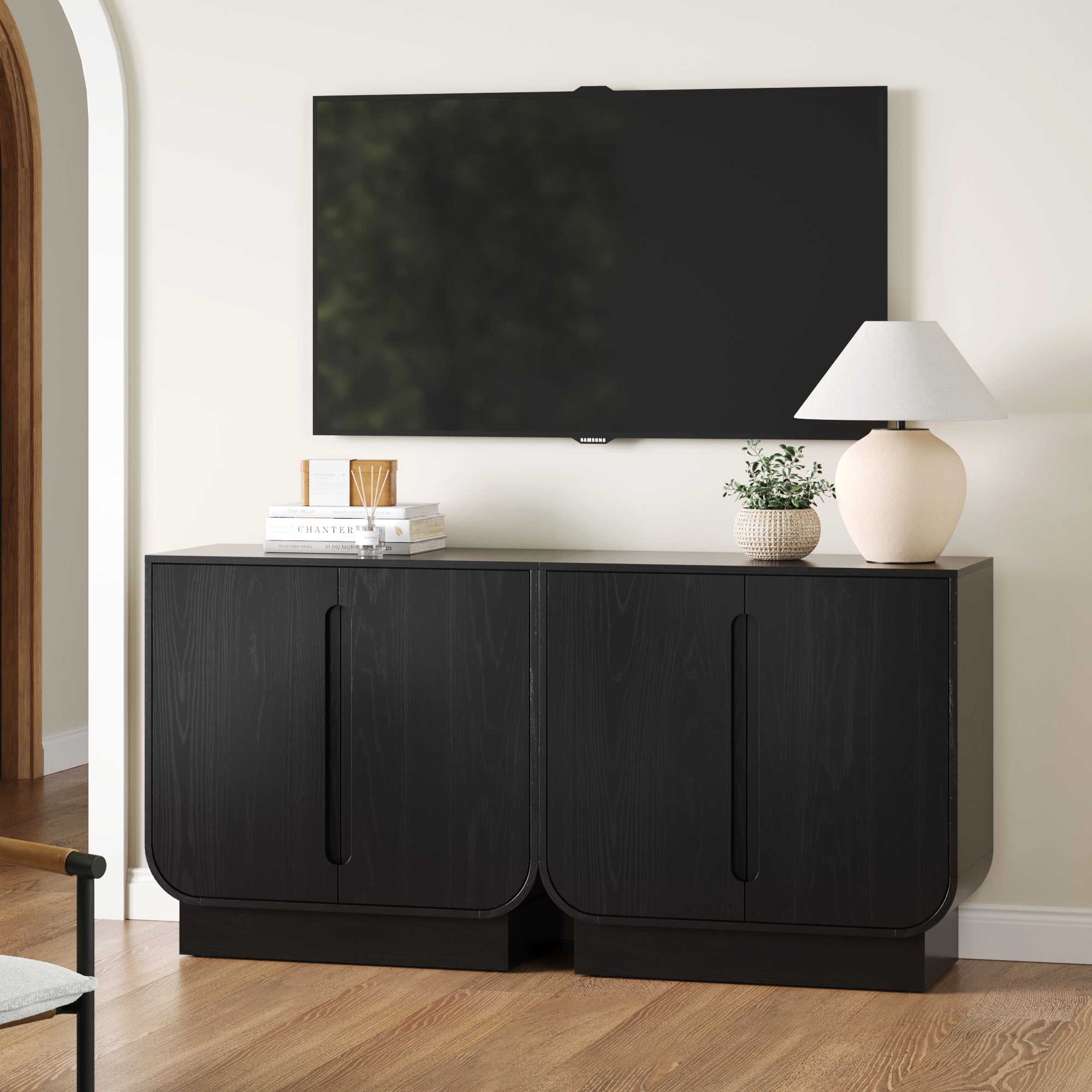 Wooden Arched TV Console Stand Black Oak for TVs up to 65"