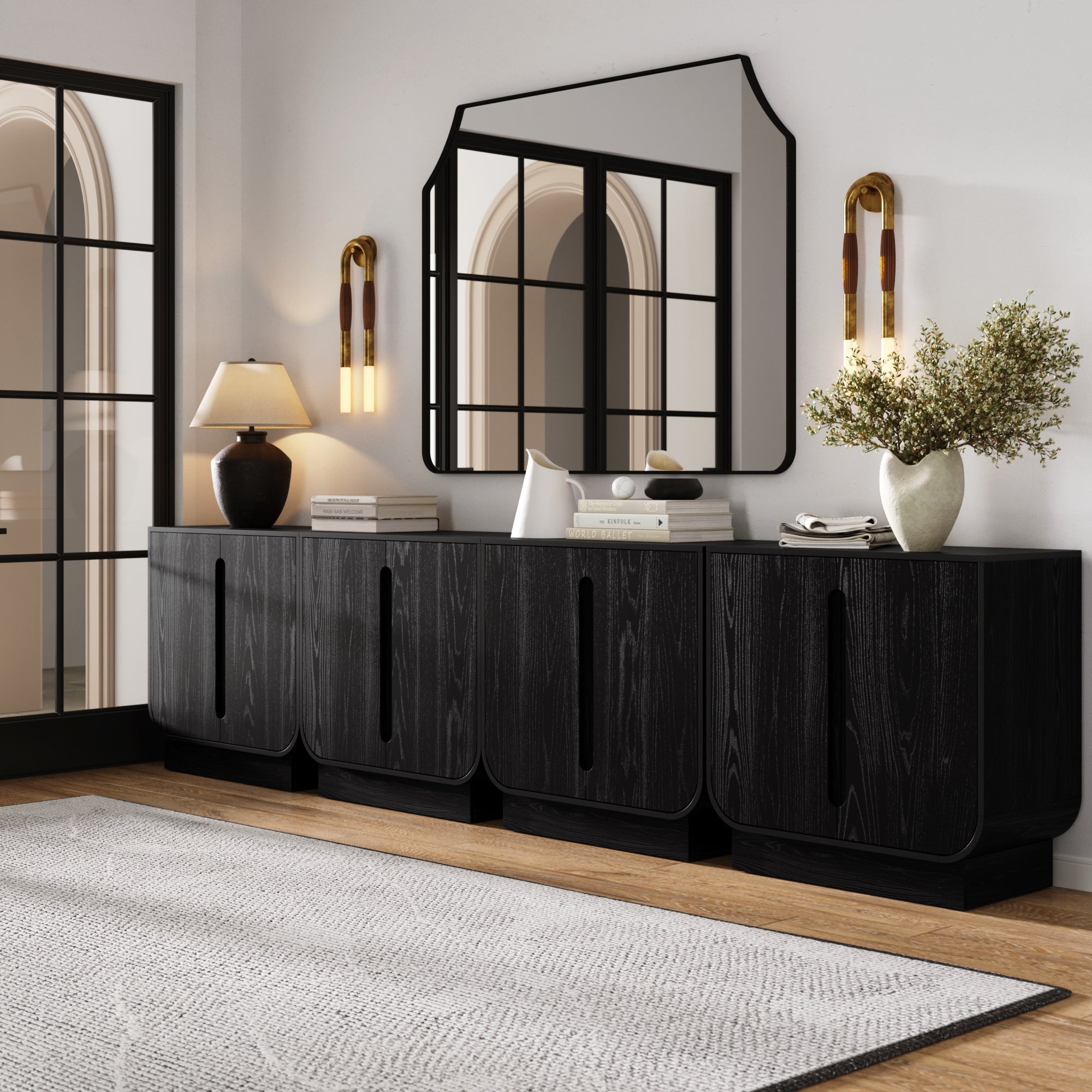 Wooden Arched TV Console Stand Black Oak for TVs up to 100"