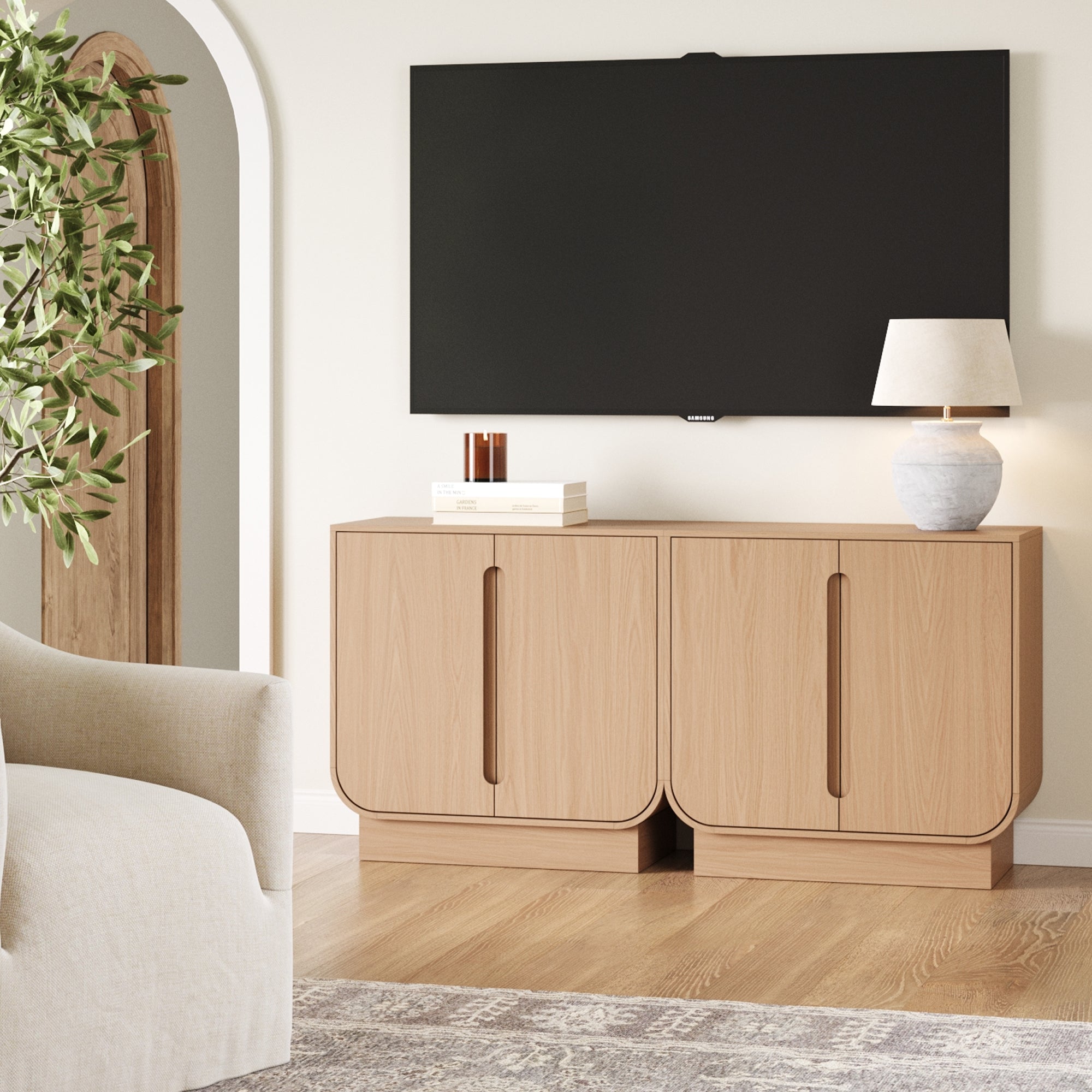 Wooden Arched TV Console Stand Raw Oak for TVs up to 65"