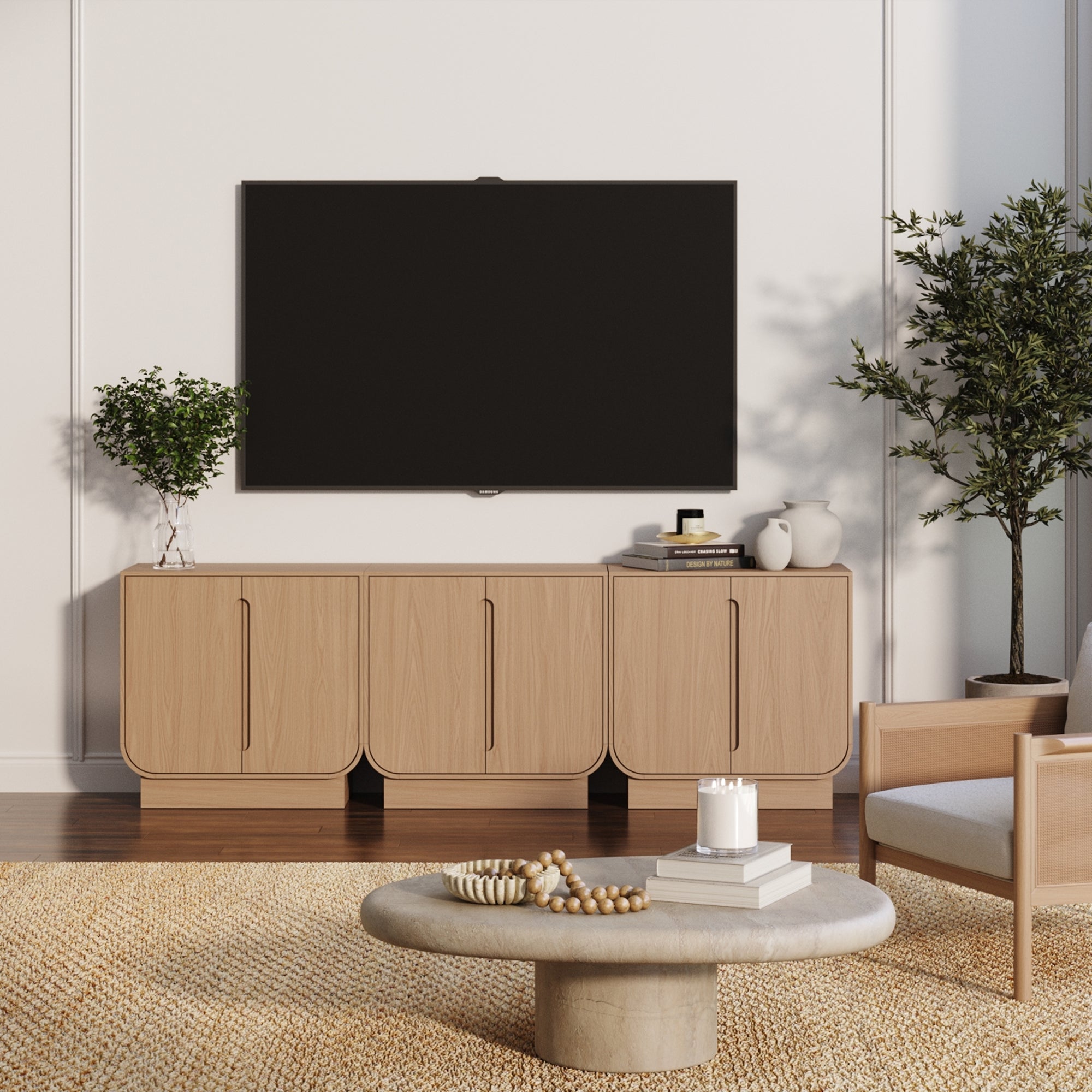 Wooden Arched TV Console Stand Raw Oak for TVs up to 75"