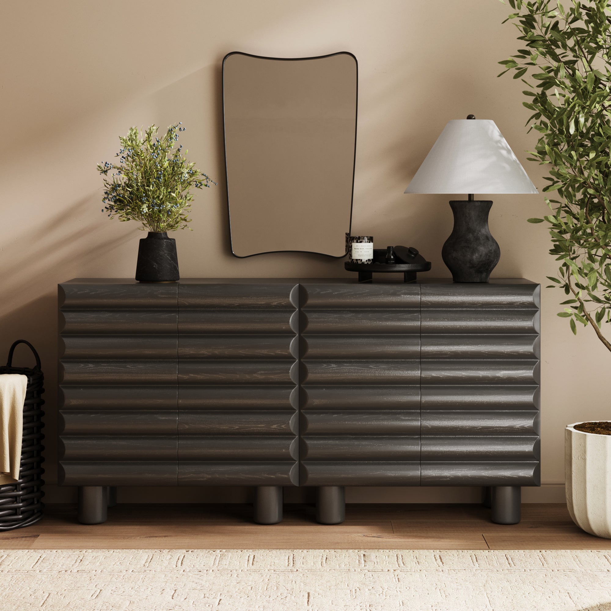 Wooden Sideboard Credenza Cabinet with Sculpted Door