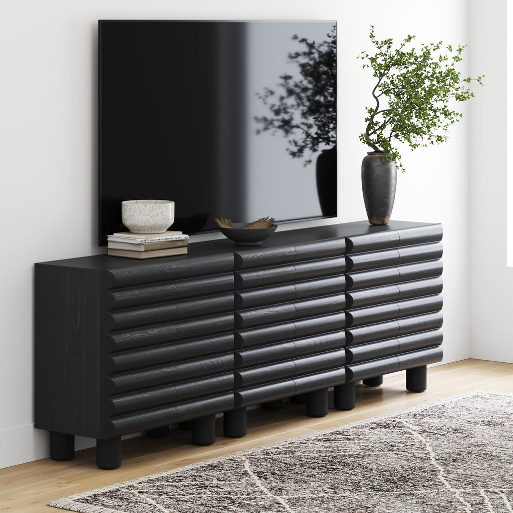 Modern Solid Wood TV Stand Cabinet with Sculpted Door for TVs up to 75"