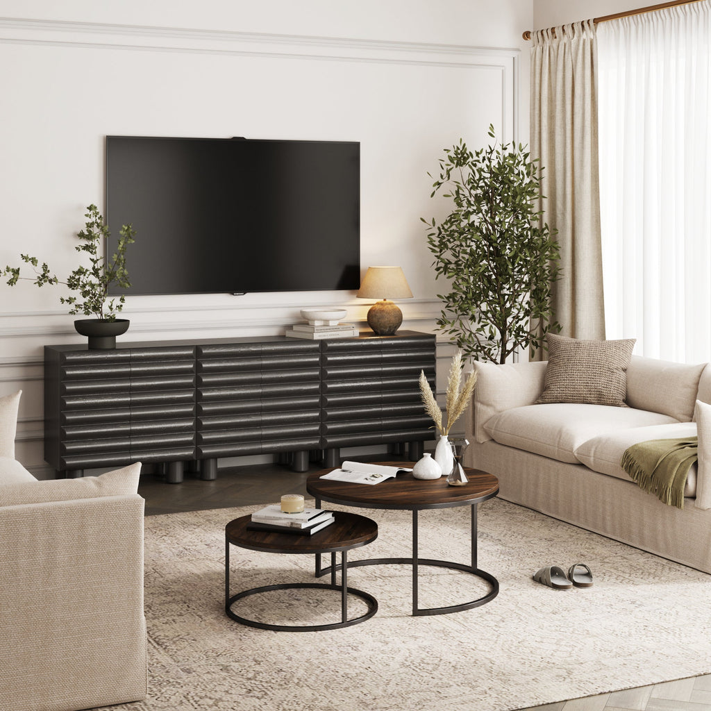 Modern Solid Wood TV Stand Cabinet with Sculpted Door for TVs up to 75"