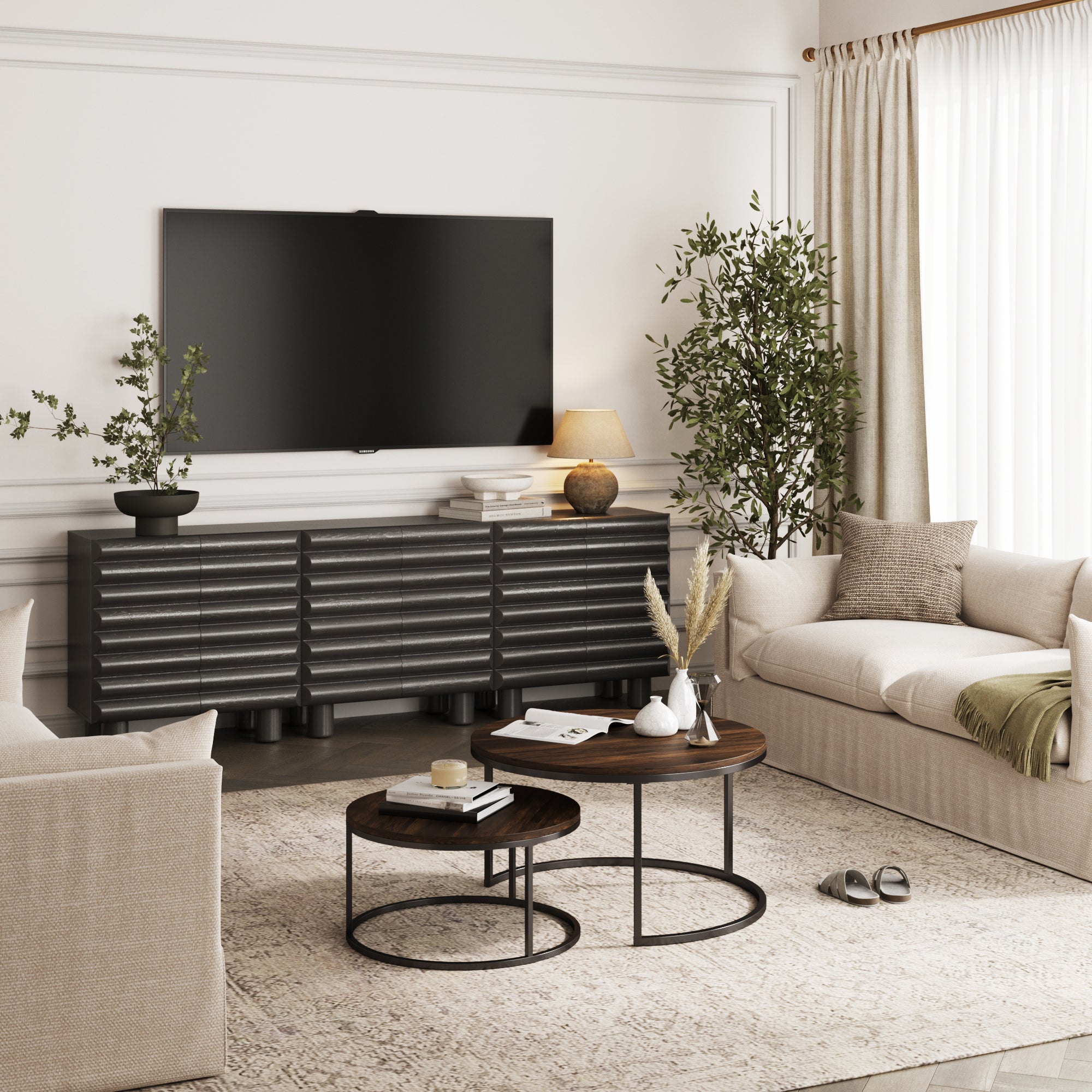 Modern Solid Wood TV Stand Cabinet with Sculpted Door for TVs up to 75"