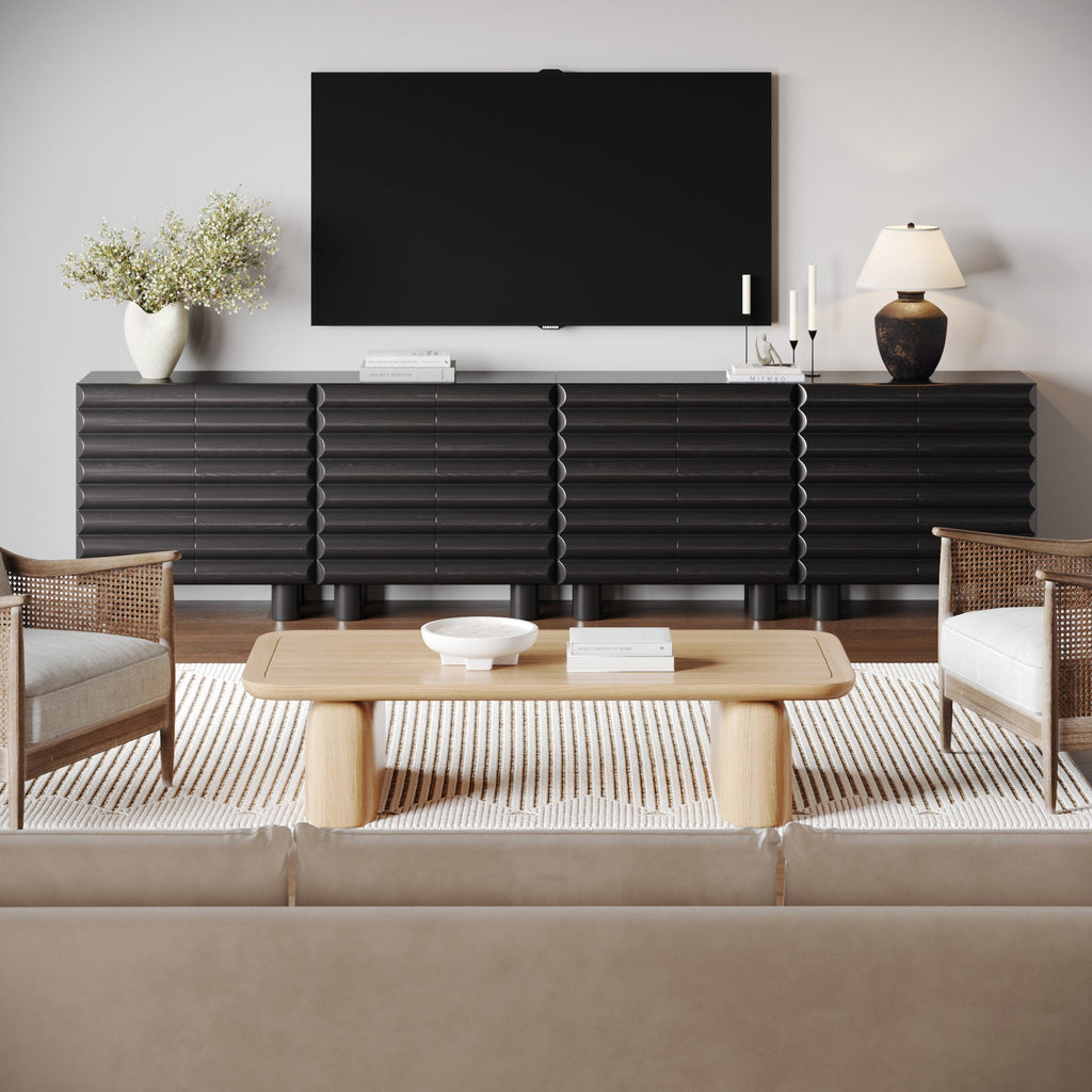 Modern Solid Wood TV Stand Cabinet with Sculpted Door for TVs up to 100"