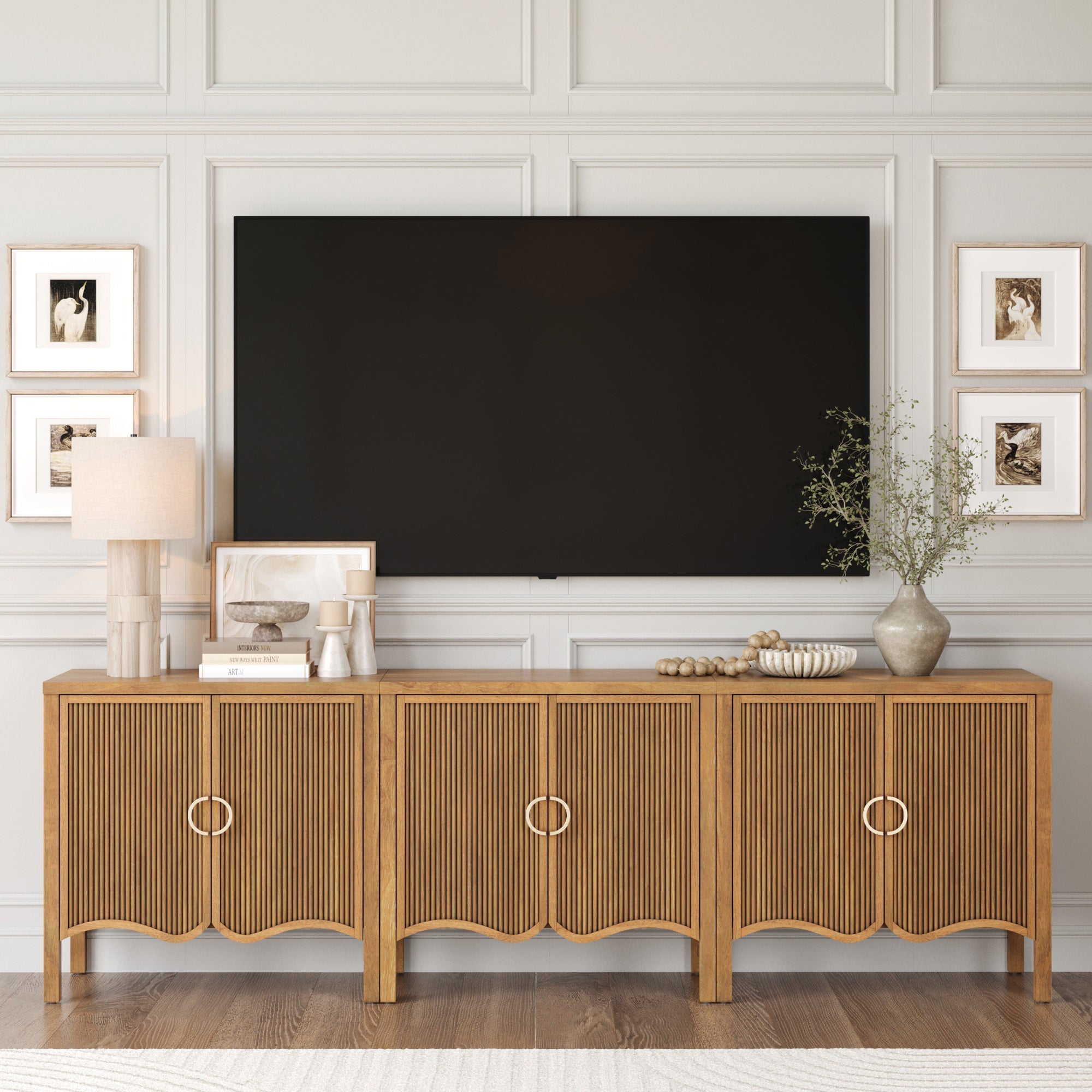 Wood Transitional Fluted TV Console Light Brown for TVs up to 75"