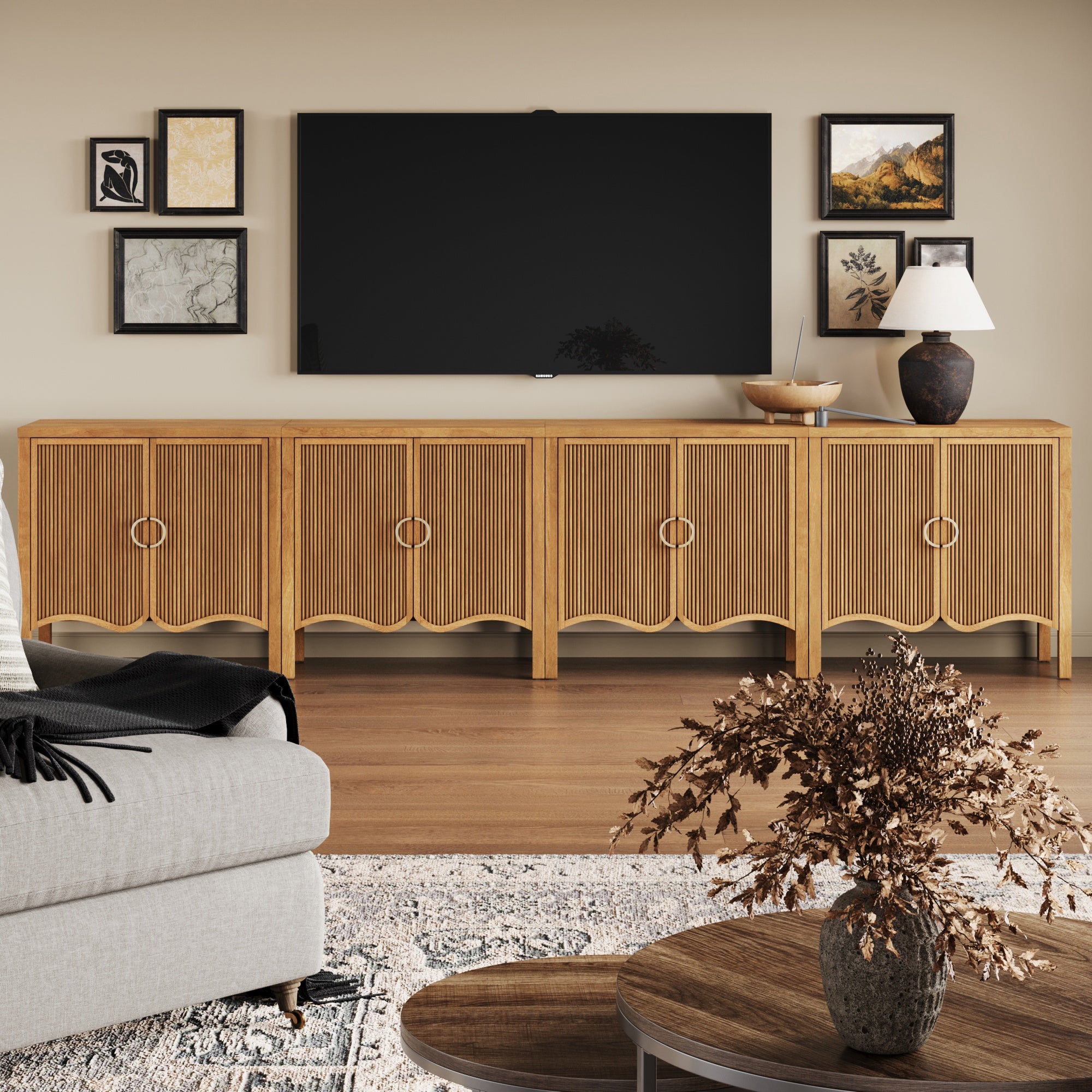 Wood Transitional Fluted TV Console Light Brown for TVs up to 100"