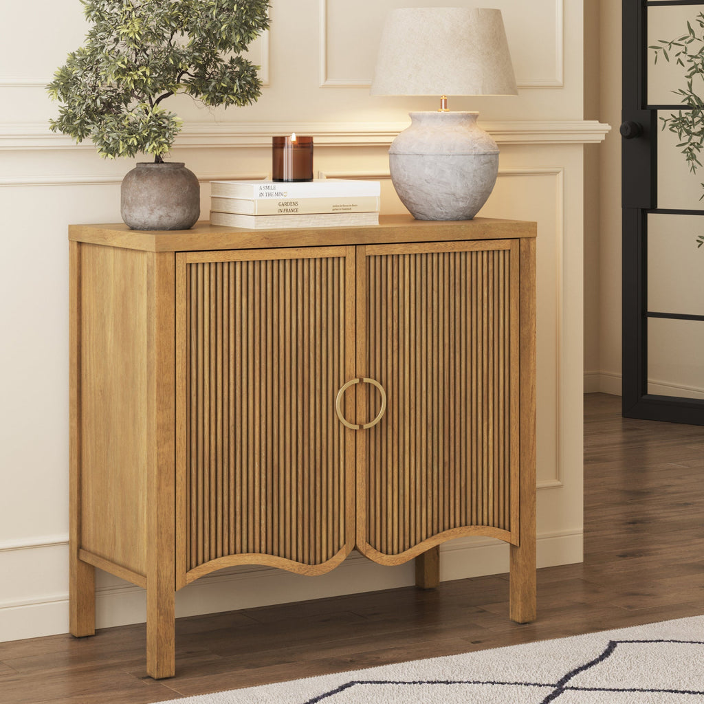 Wood Transitional Fluted Cabinet w/ Brass Handle
