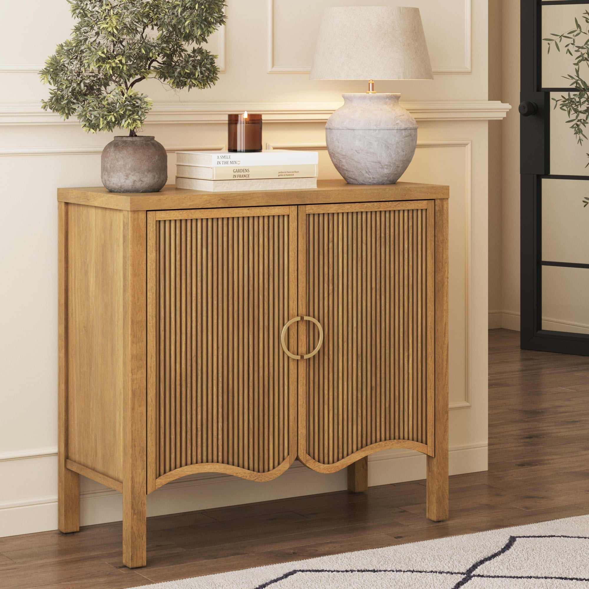 Wood Transitional Fluted Cabinet w/ Brass Handle