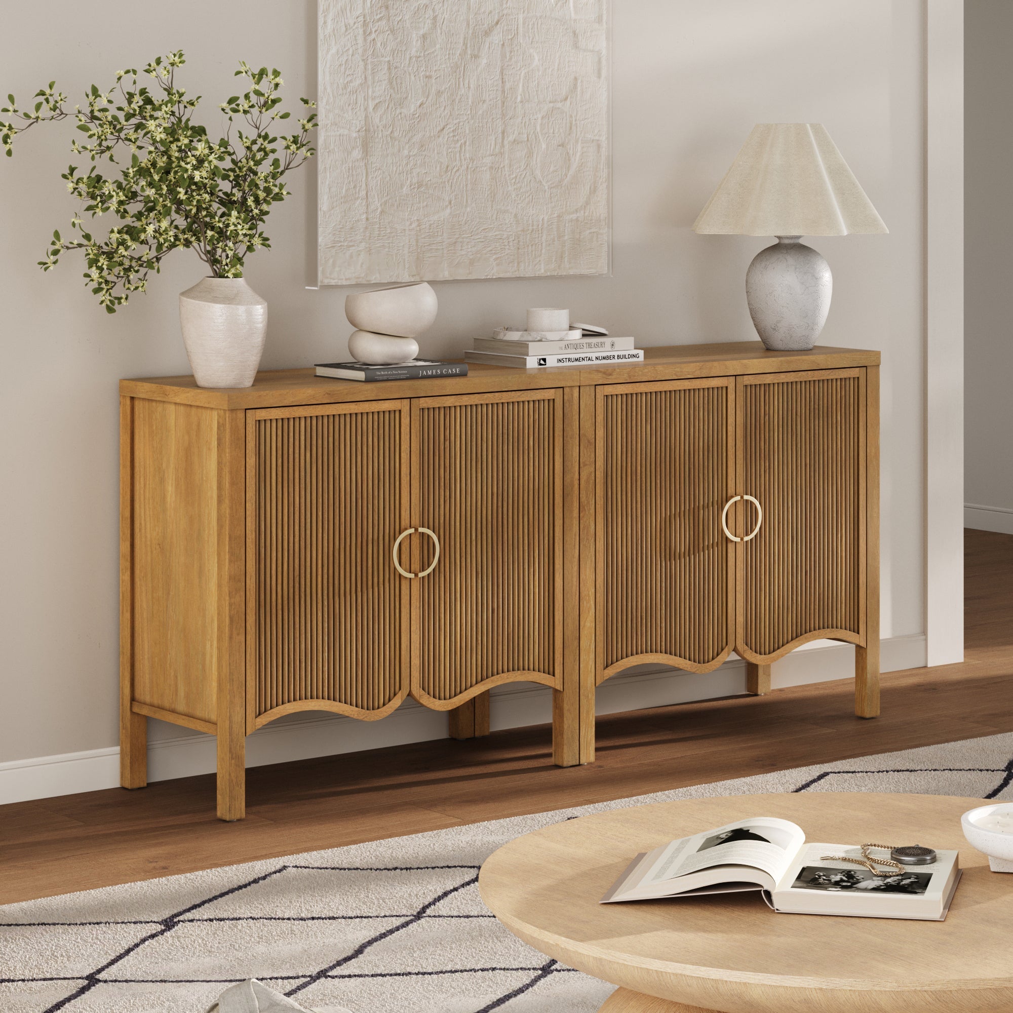Wood Transitional Fluted Cabinet w/ Brass Handle
