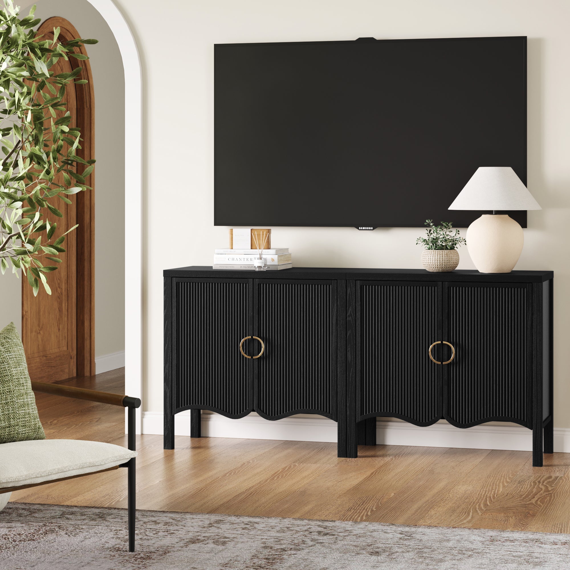 Wood Transitional Fluted TV Console Black Oak for TVs up to 65"