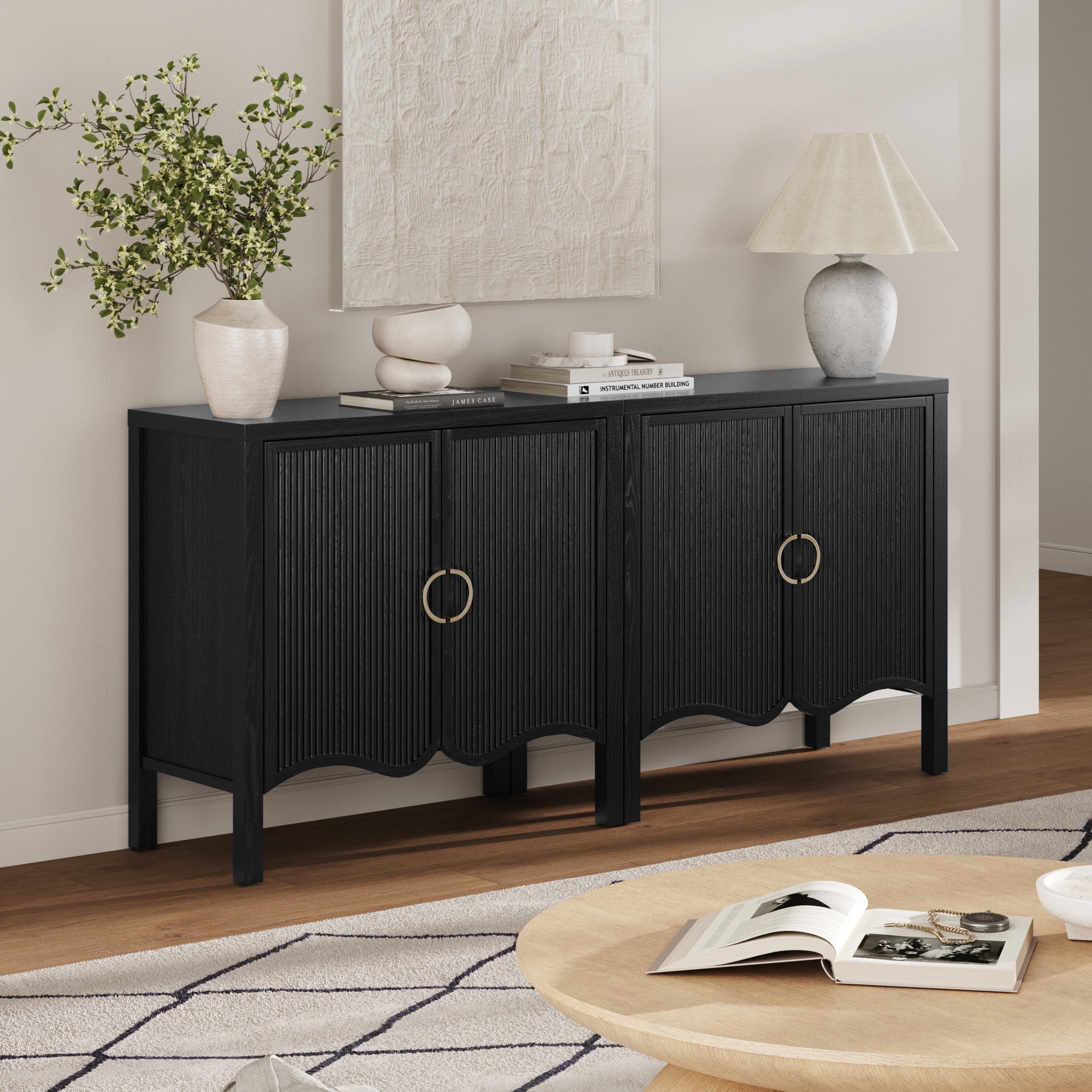 Wood Transitional Fluted TV Console Black Oak for TVs up to 65"