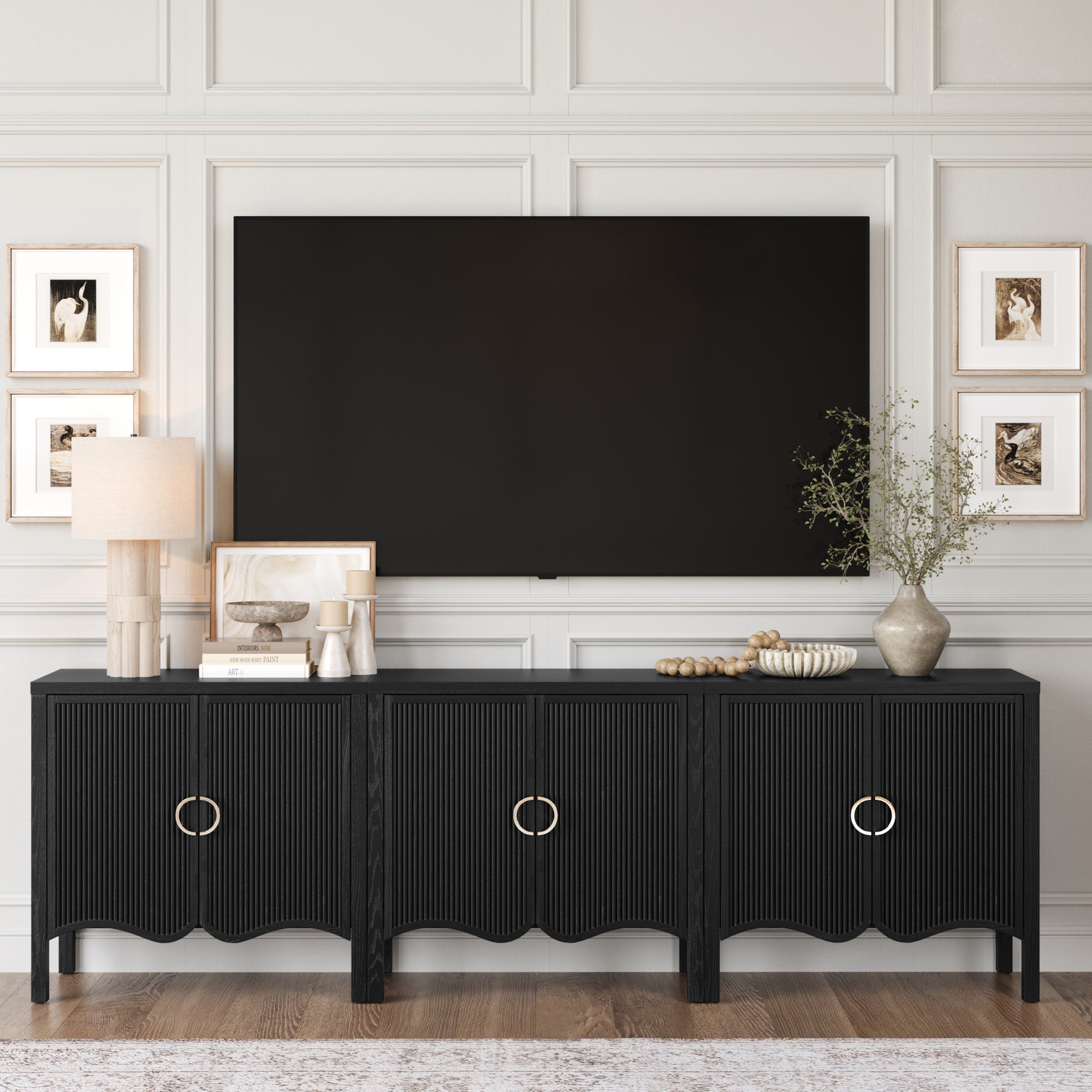 Wood Transitional Fluted Cabinet Credenza