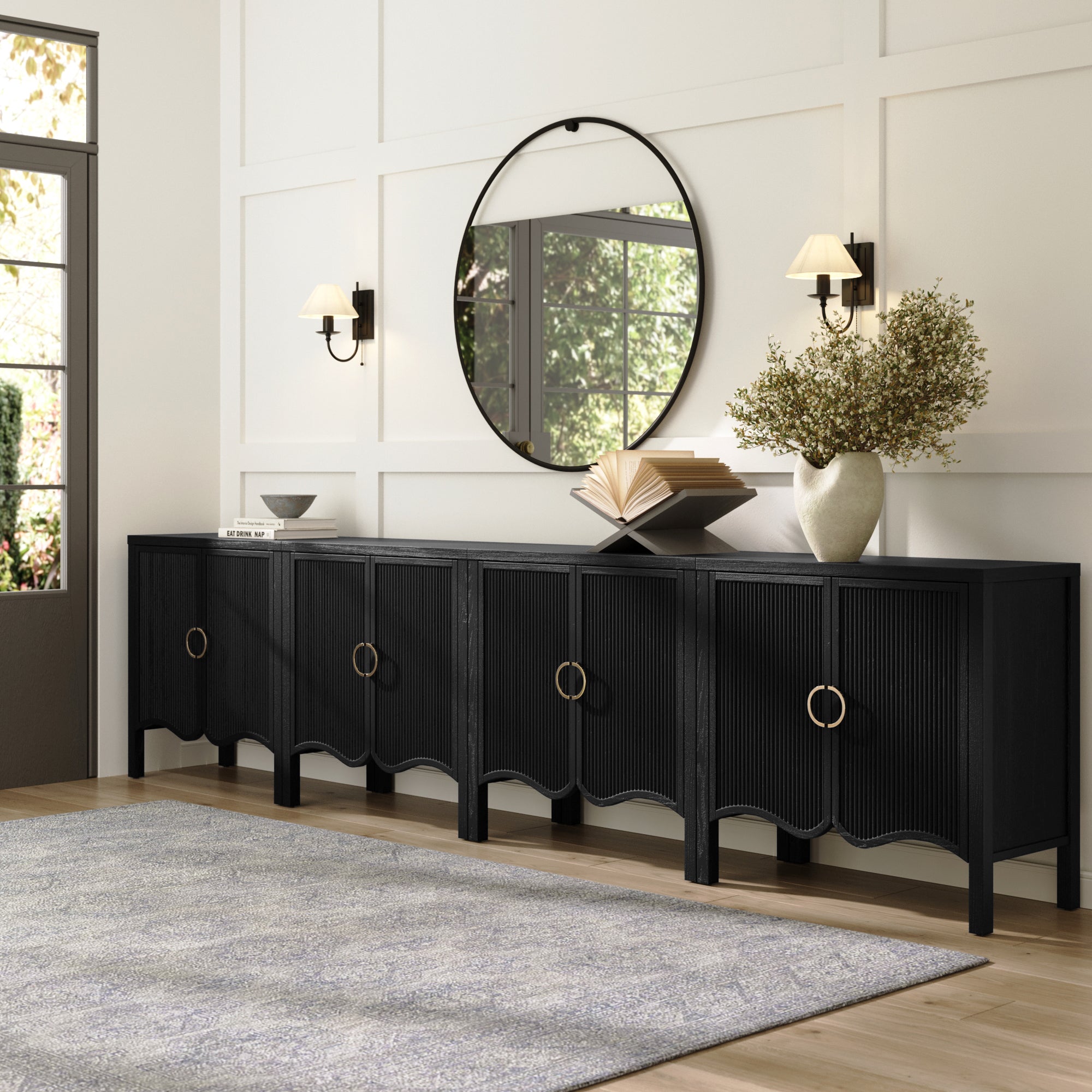 Wood Transitional Fluted TV Console Black Oak for TVs up to 100"