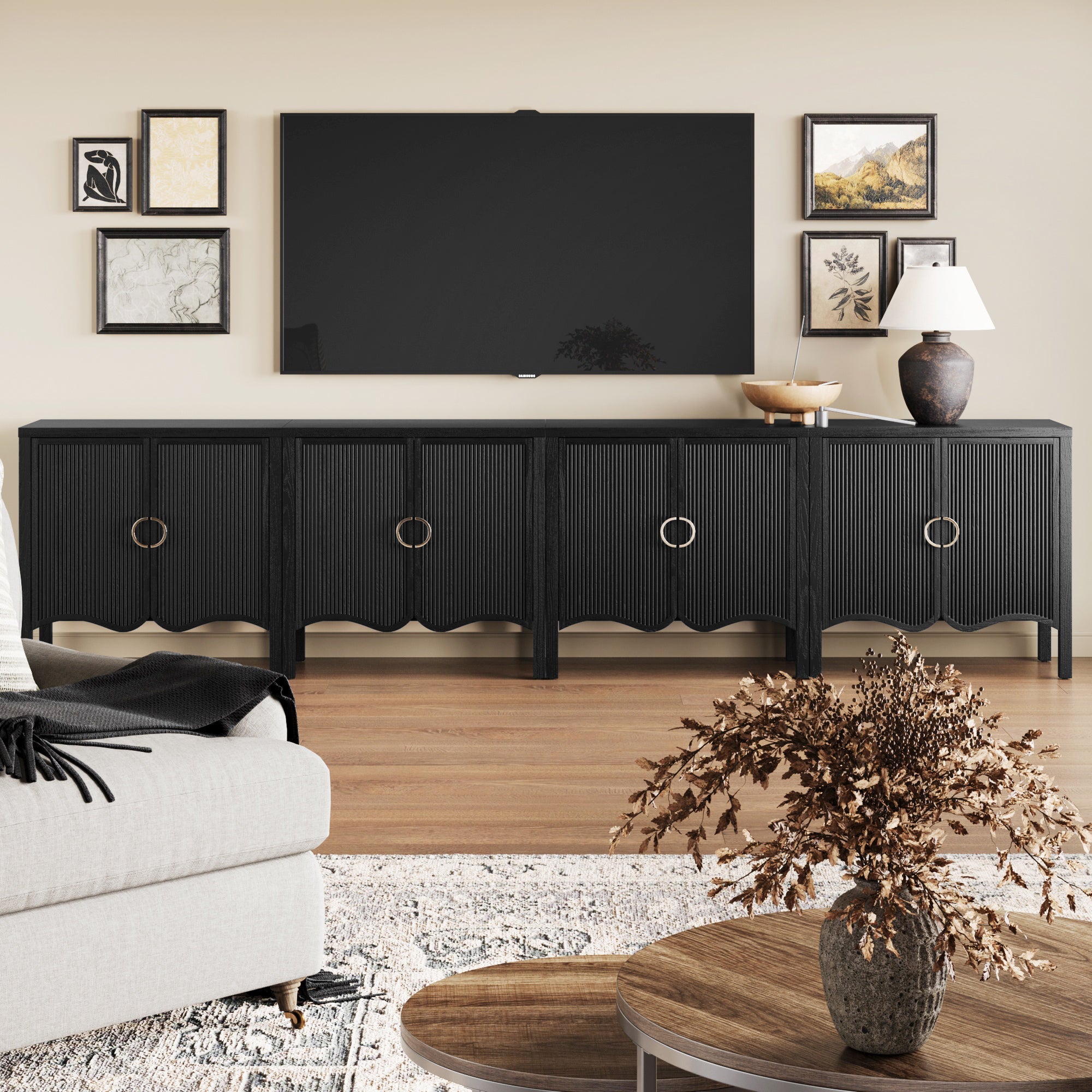 Wood Fluted Large Credenza Cabinet