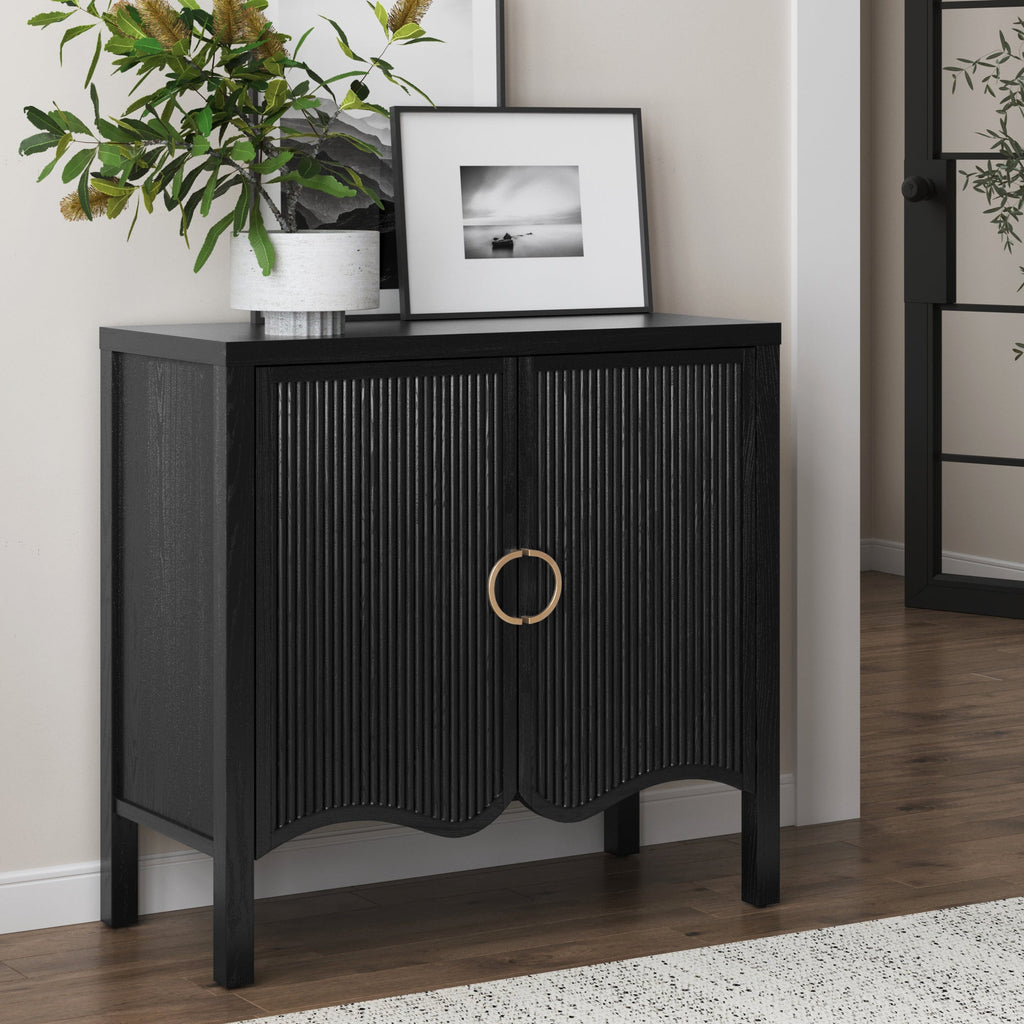 Wood Transitional Fluted Cabinet w/ Brass Handle