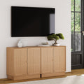 Modern Coastal Raw Oak TV Cabinet Stand for TVs up to 65" with Rattan Doors