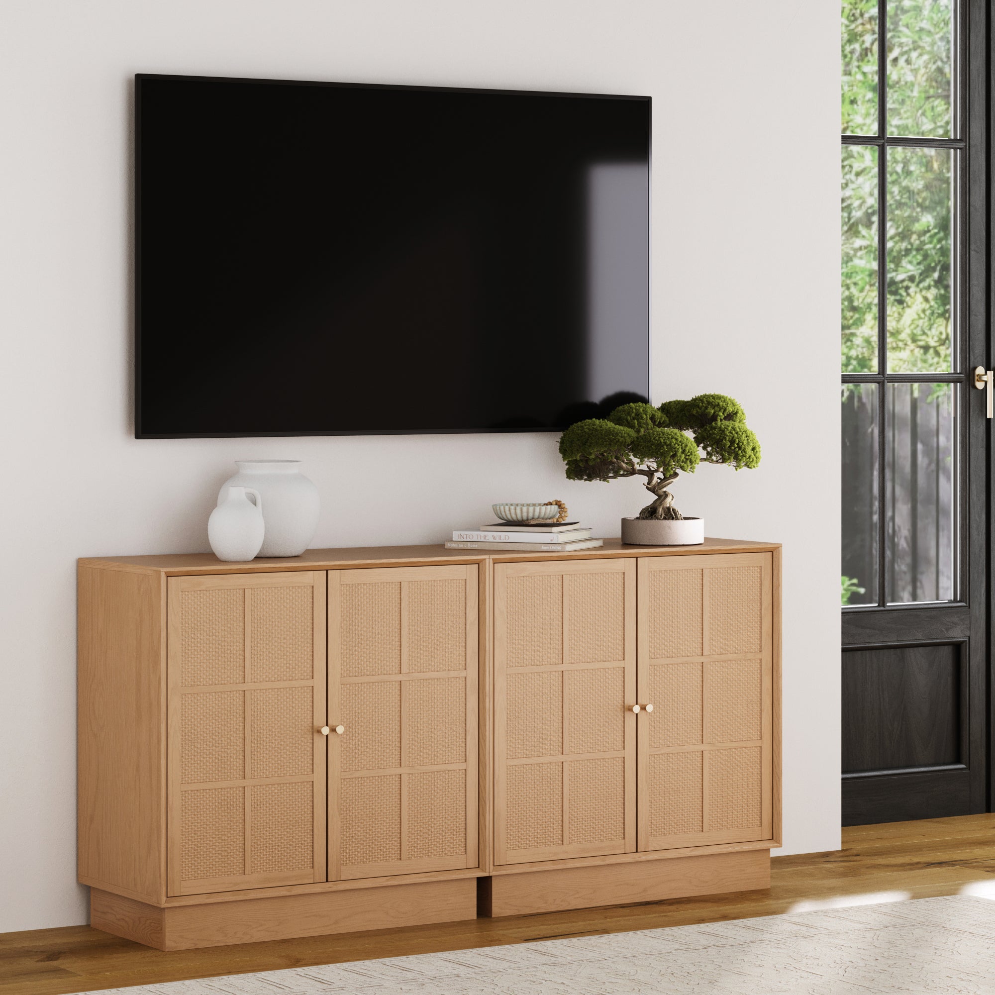Modern Coastal Raw Oak TV Cabinet Stand for TVs up to 65" with Rattan Doors