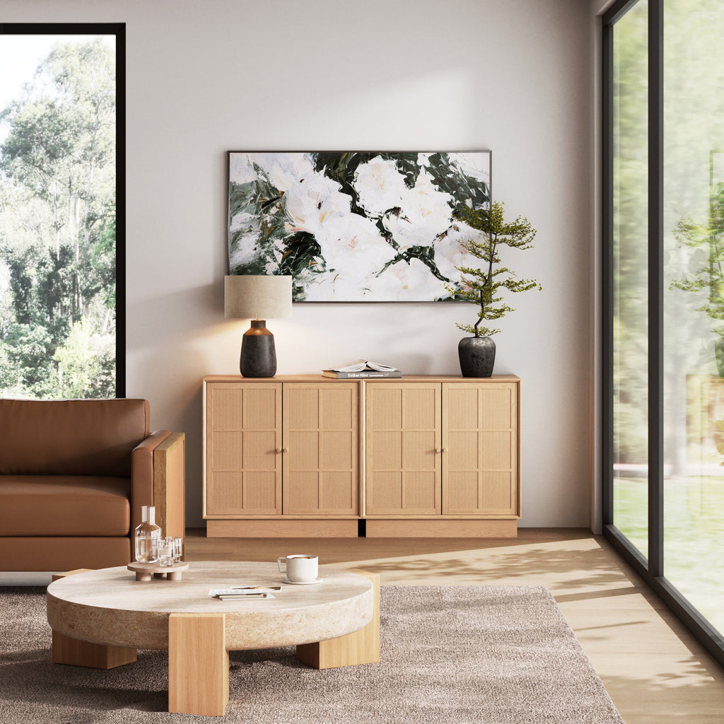 Modern Coastal Raw Oak TV Cabinet Stand for TVs up to 65" with Rattan Doors
