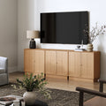 Modern Coastal Raw Oak TV Cabinet Stand for TVs up to 75" with Rattan Doors