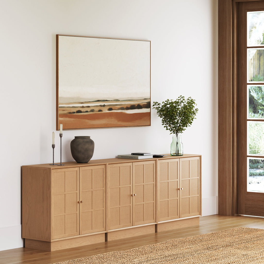 Modern Coastal Raw Oak TV Cabinet Stand for TVs up to 75" with Rattan Doors