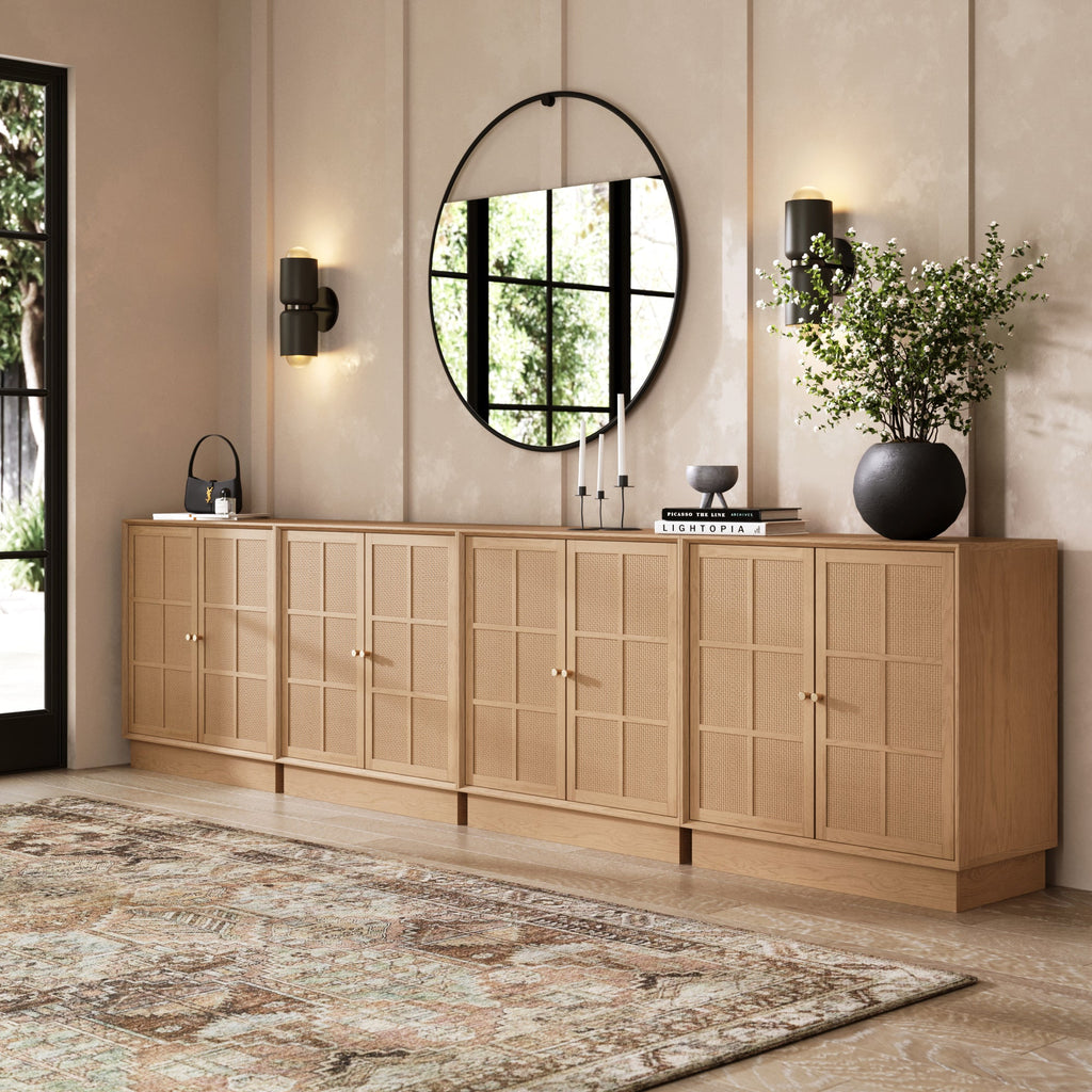 Modern Coastal Raw Oak TV Cabinet Stand for TVs up to 100" with Rattan Doors