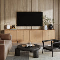 Modern Coastal Raw Oak TV Cabinet Stand for TVs up to 100" with Rattan Doors