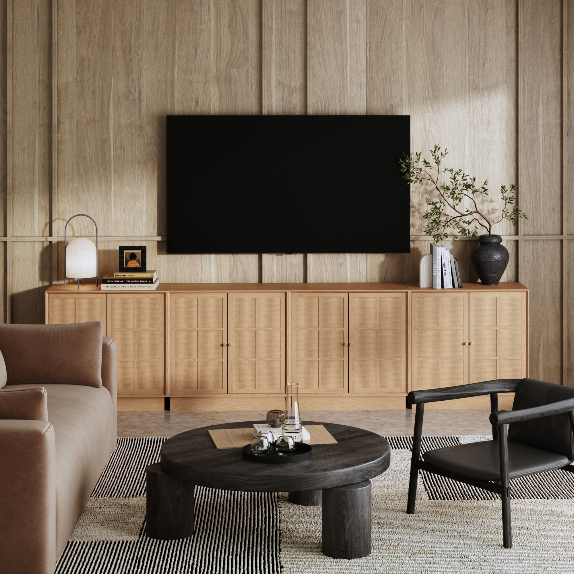 Modern Coastal Raw Oak TV Cabinet Stand for TVs up to 100" with Rattan Doors