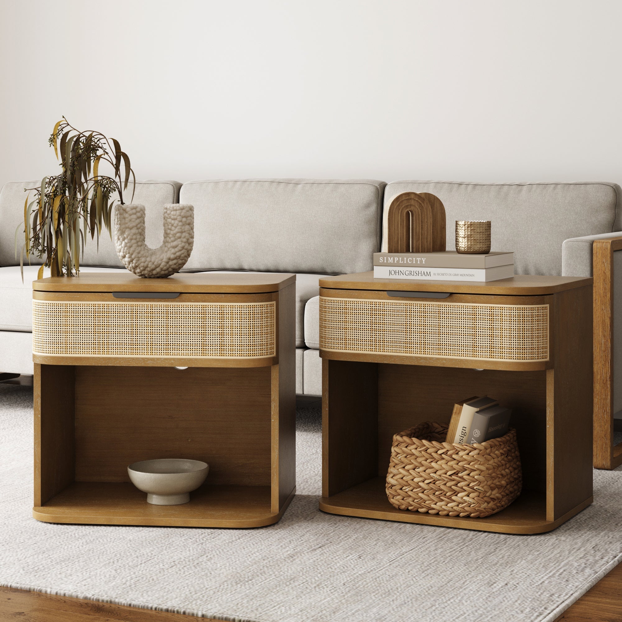 Curved Rattan Nightstand Set with Drawer