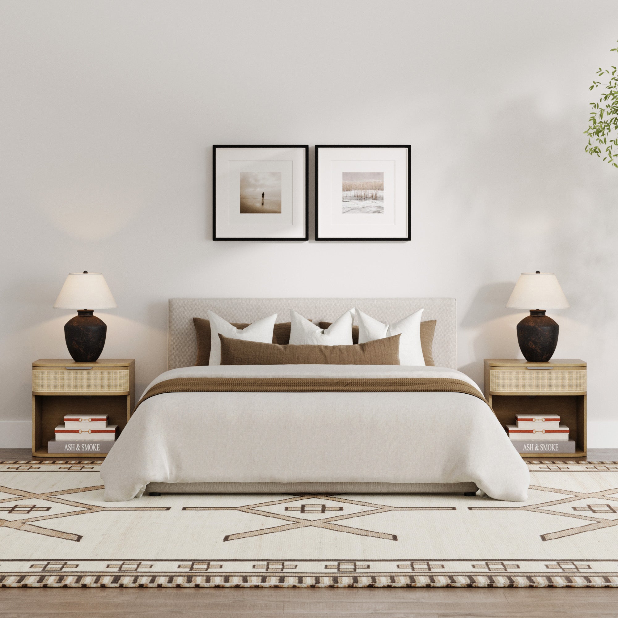 Curved Rattan Nightstand Set with Drawer
