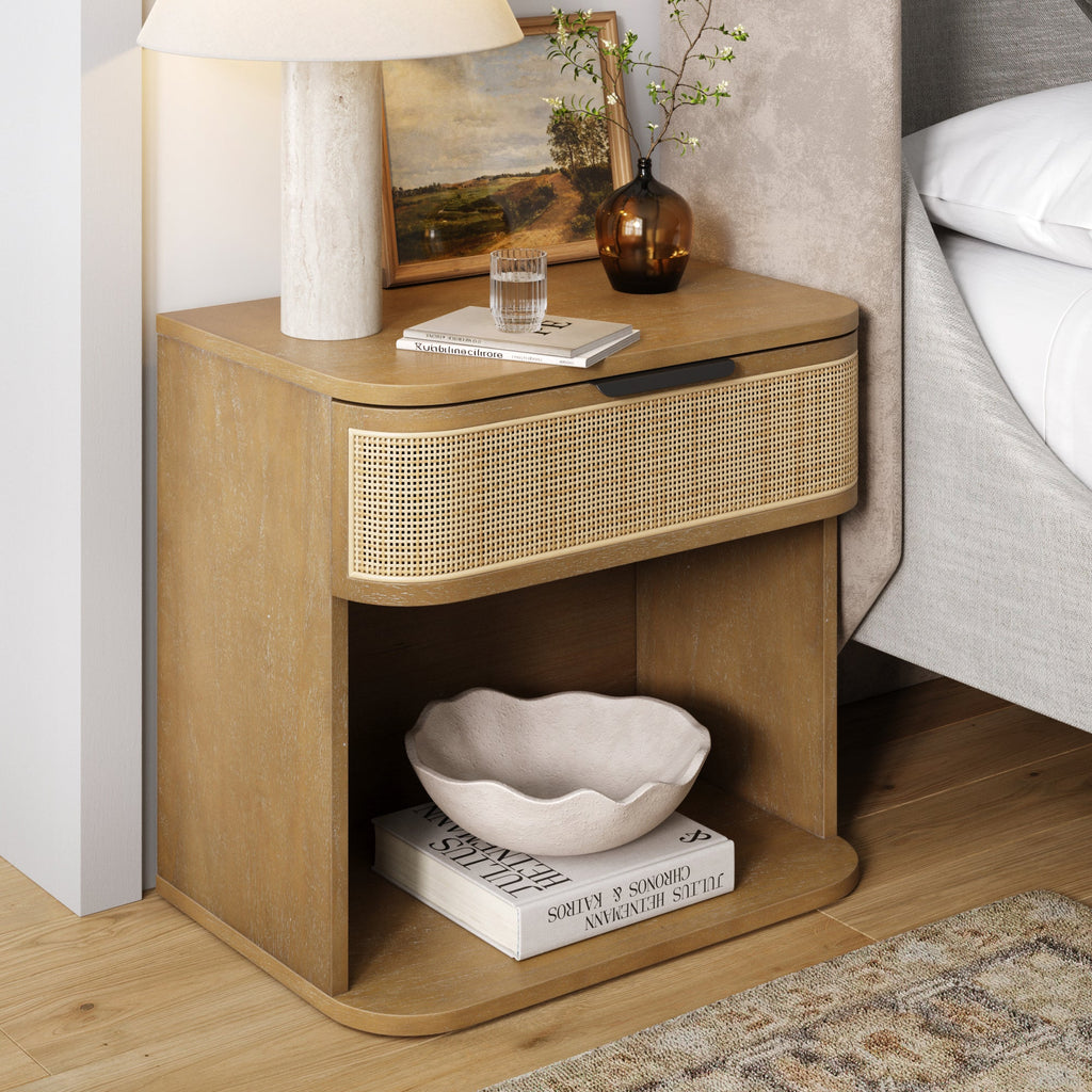 Curved Rattan Nightstand with 1 Drawer
