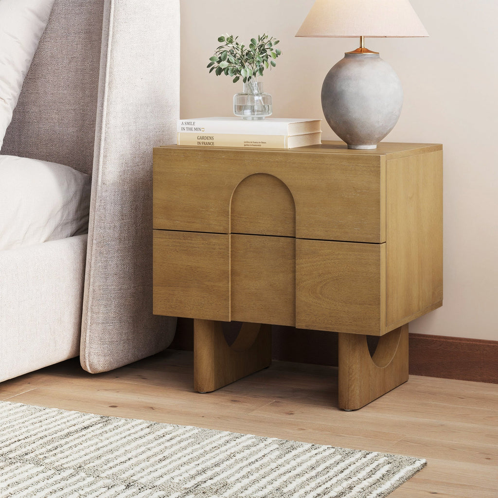 Wooden Bedside Table with Drawers and Solid Wood Legs