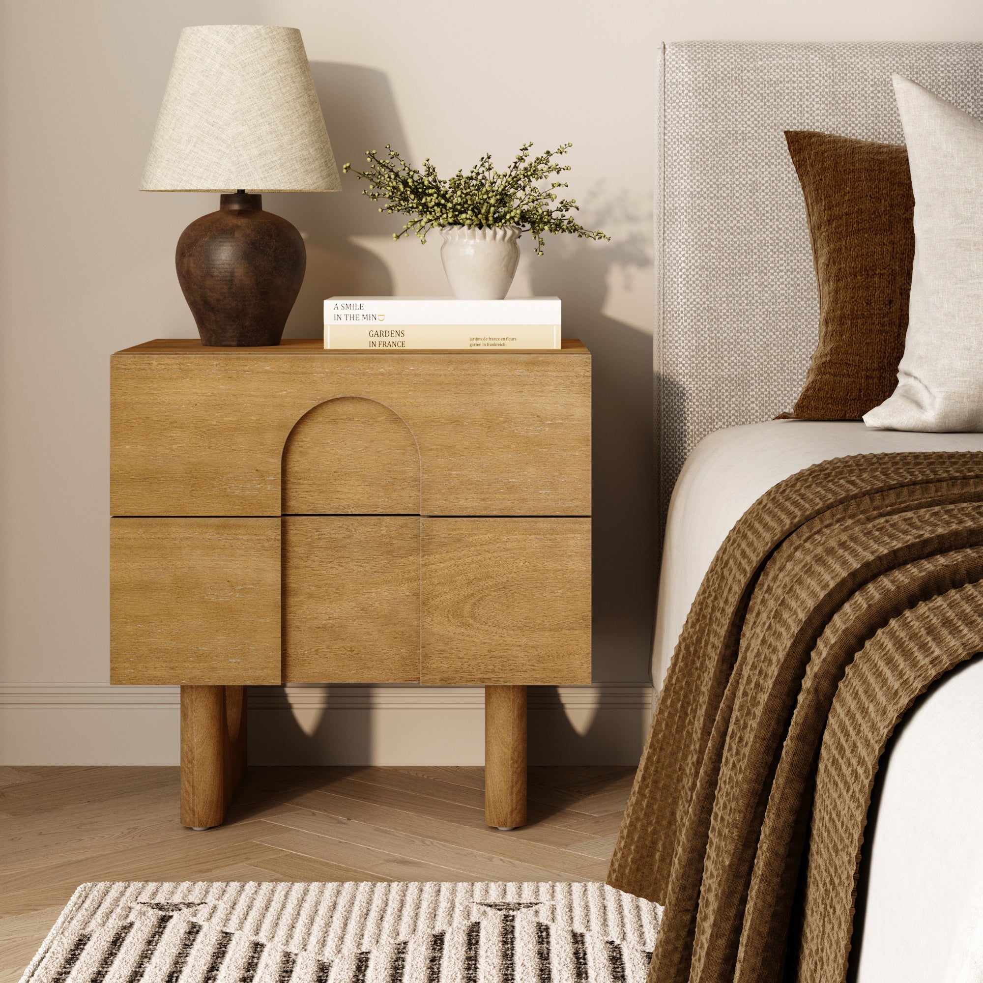 Wooden Bedside Table with Drawers and Solid Wood Legs