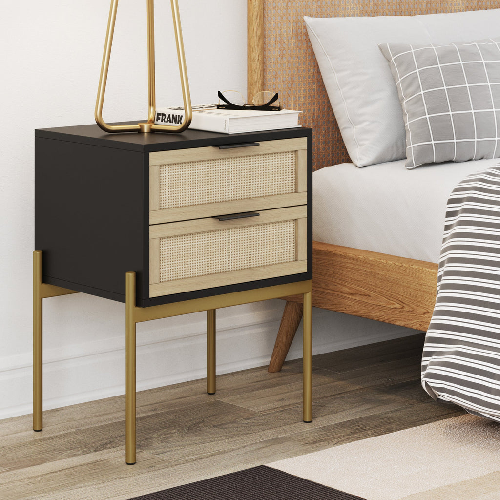Wood & Rattan 2-Drawer Nightstand