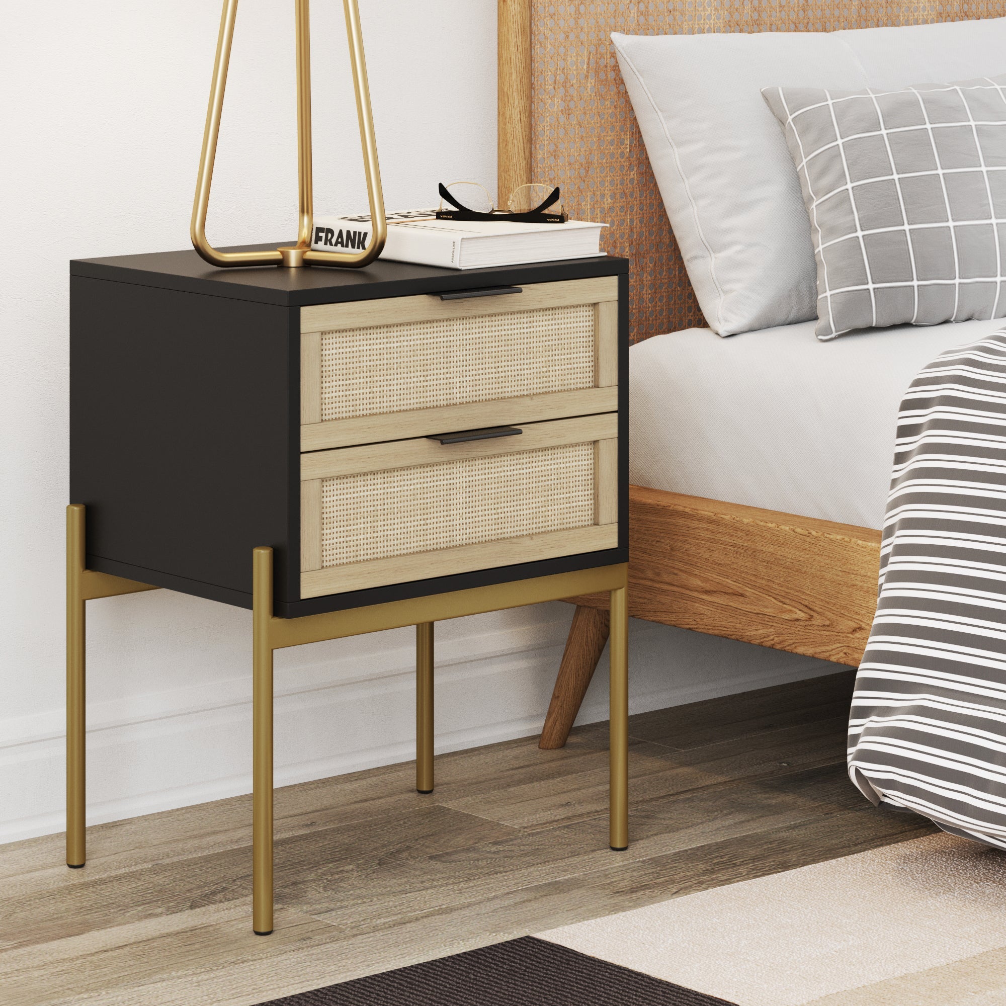 Wood & Rattan 2-Drawer Nightstand