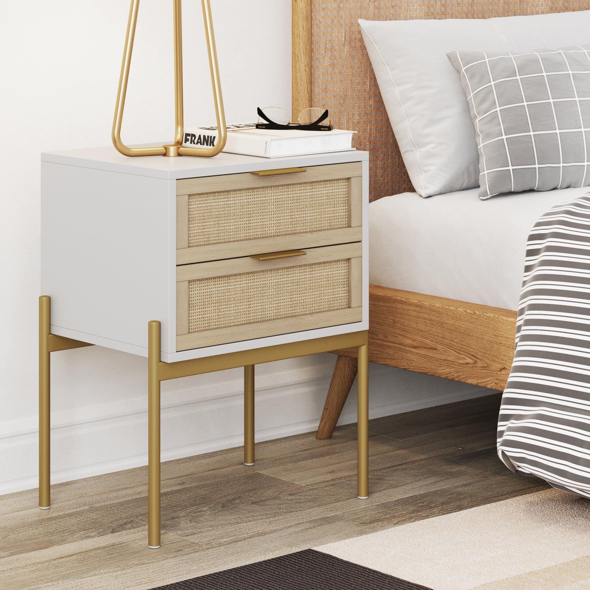Wood & Rattan 2-Drawer Nightstand