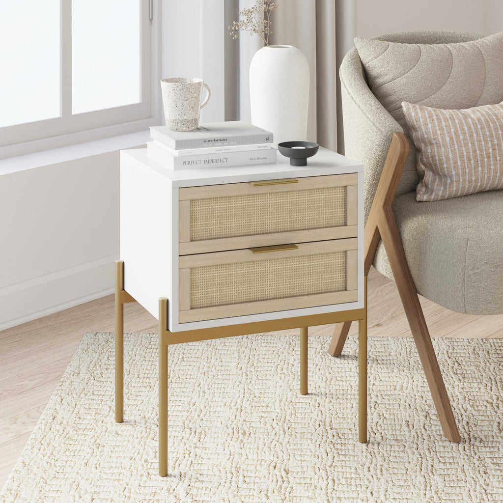 Wood & Rattan 2-Drawer Nightstand