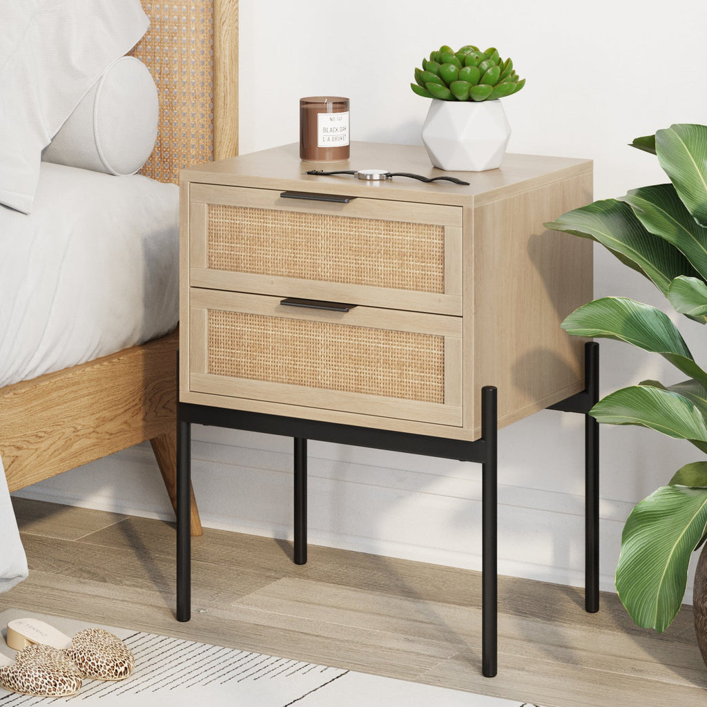 Wood & Rattan 2-Drawer Nightstand