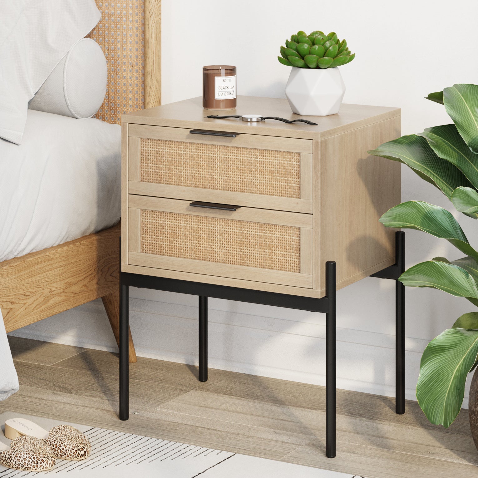 Wood & Rattan 2-Drawer Nightstand