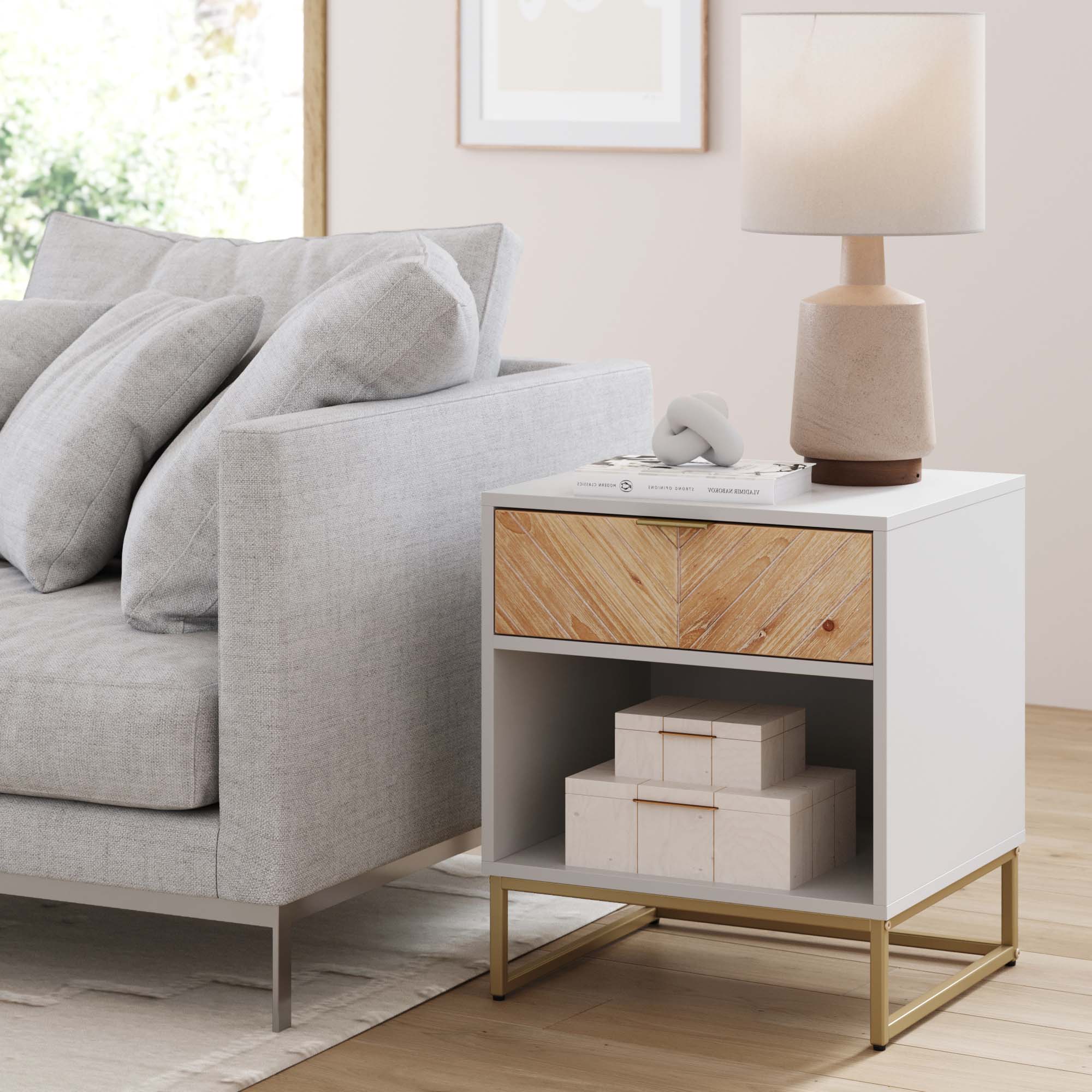Wood Cabinet Herringbone Nightstand