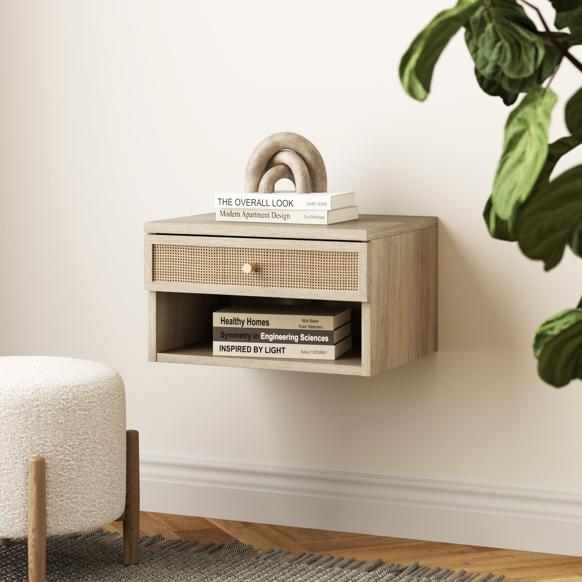 Rattan & Wood Floating Nightstand