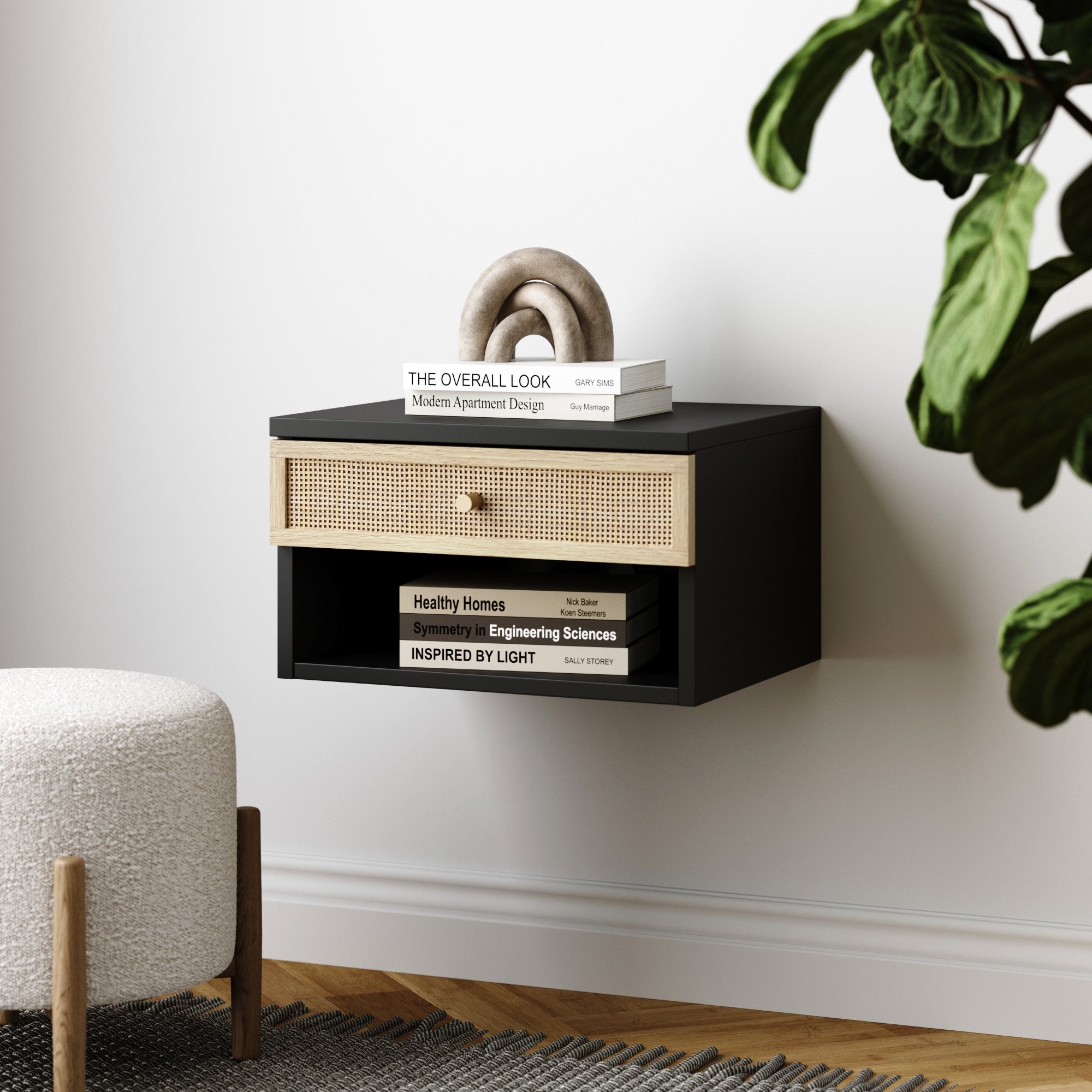 Rattan & Wood Floating Nightstand