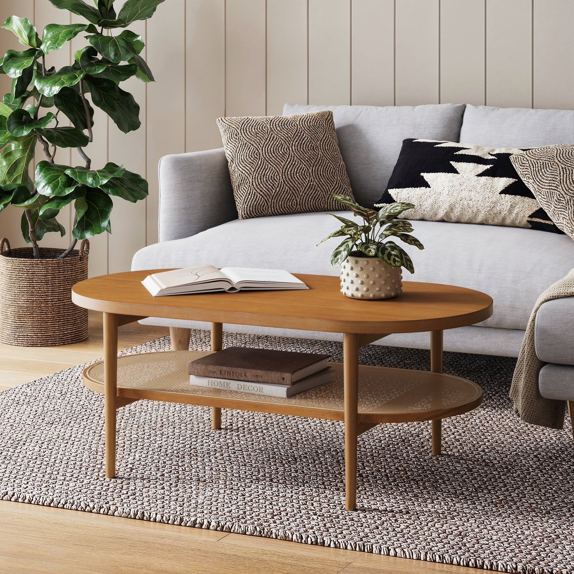 Wood & Rattan Oval Coffee Table