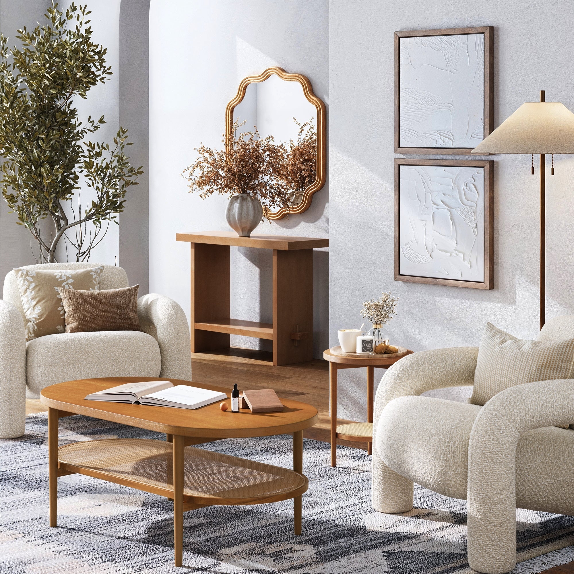 Wood & Rattan Oval Coffee Table