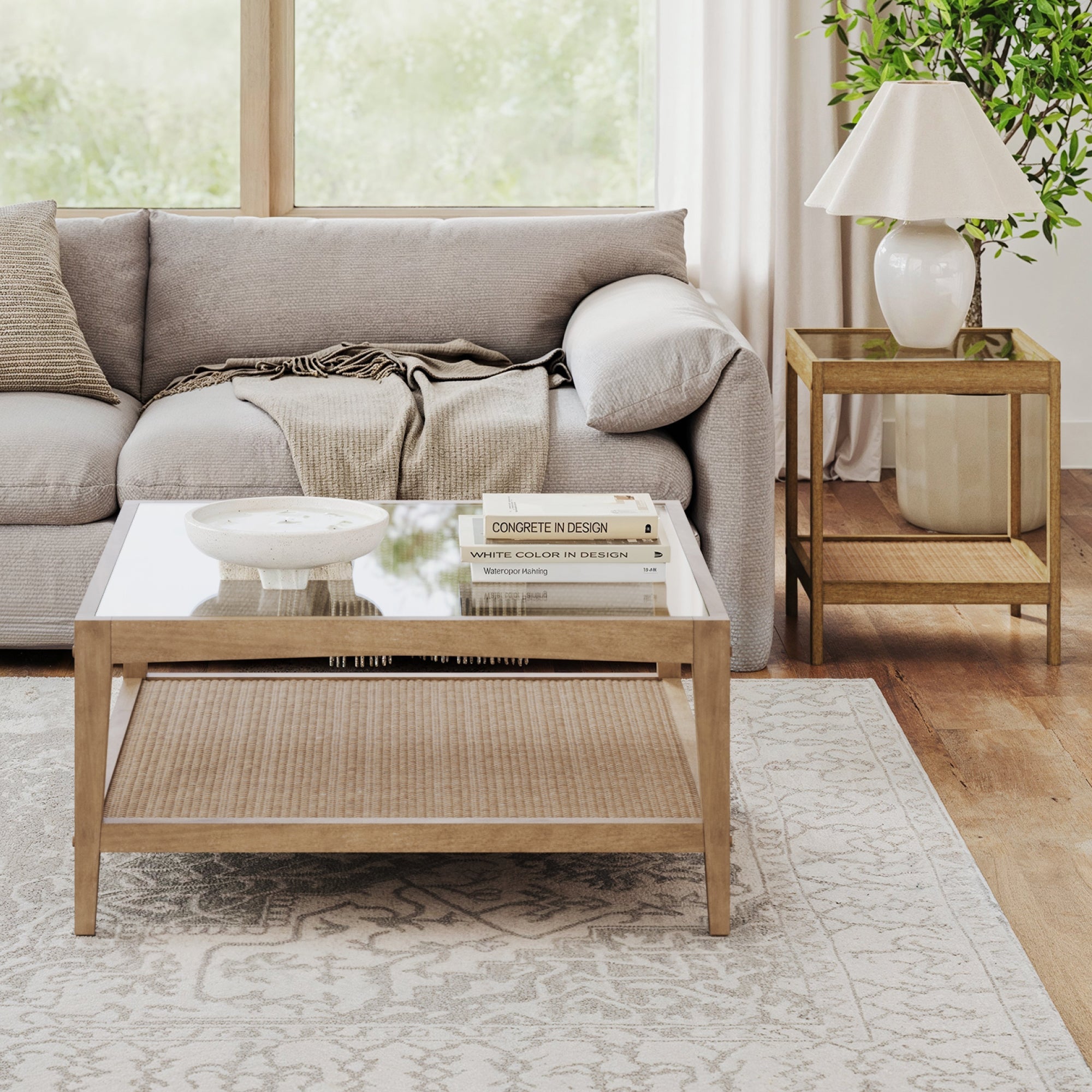 Glass Coffee Table & End Table Set with Rattan Shelf