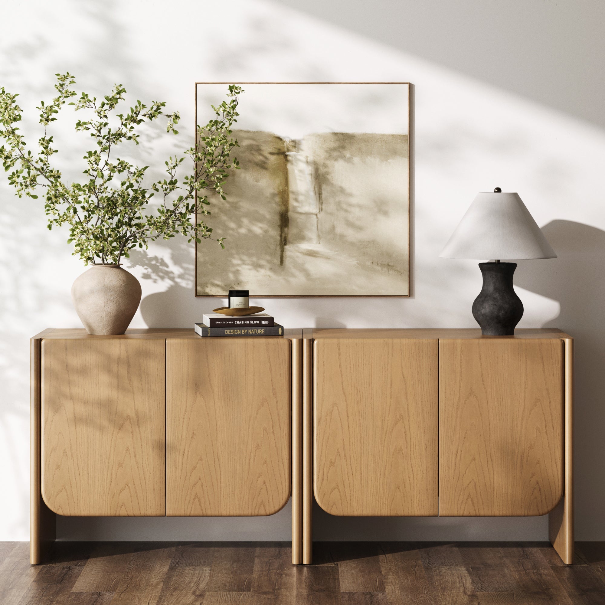 Rounded Wood TV Console Cabinet Raw Oak for TVs up to 65"