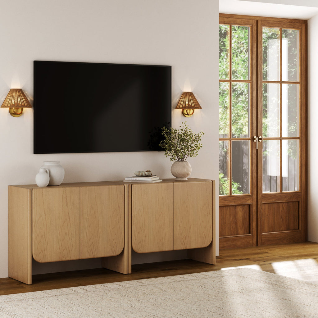 Rounded Wood TV Console Cabinet Raw Oak for TVs up to 65"