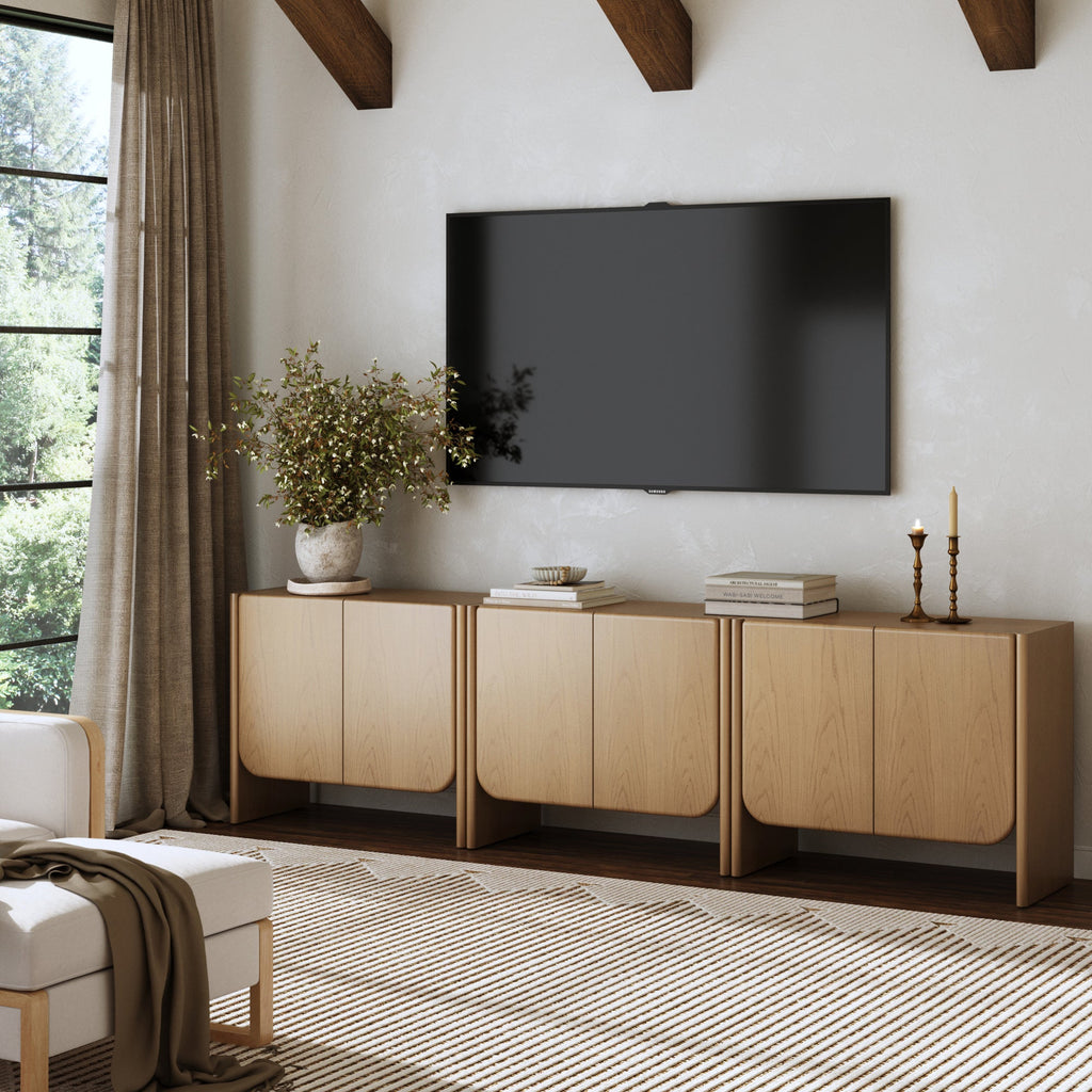 Rounded Wood TV Console Cabinet Raw Oak for TVs up to 75"